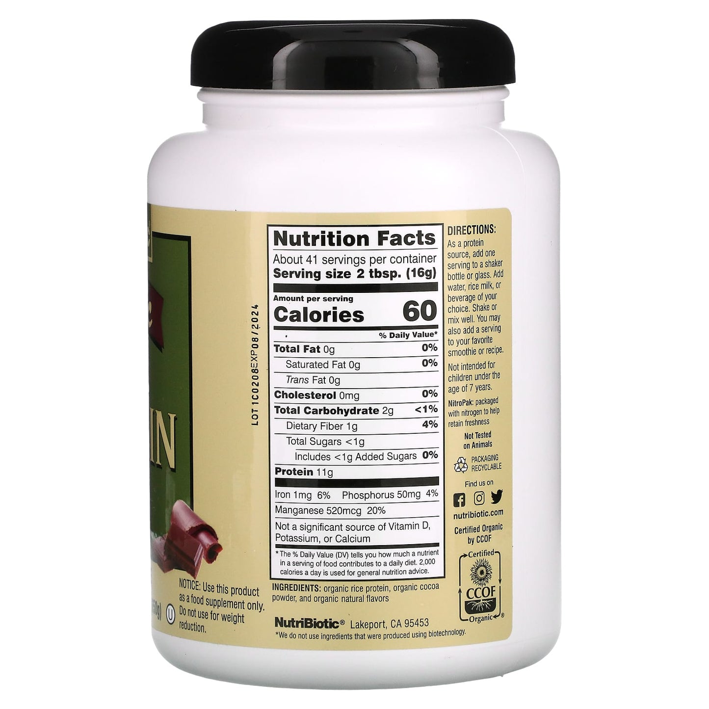 NutriBiotic, Organic Rice Protein Powder, Chocolate, 1 lb 6.93 oz (650 g)