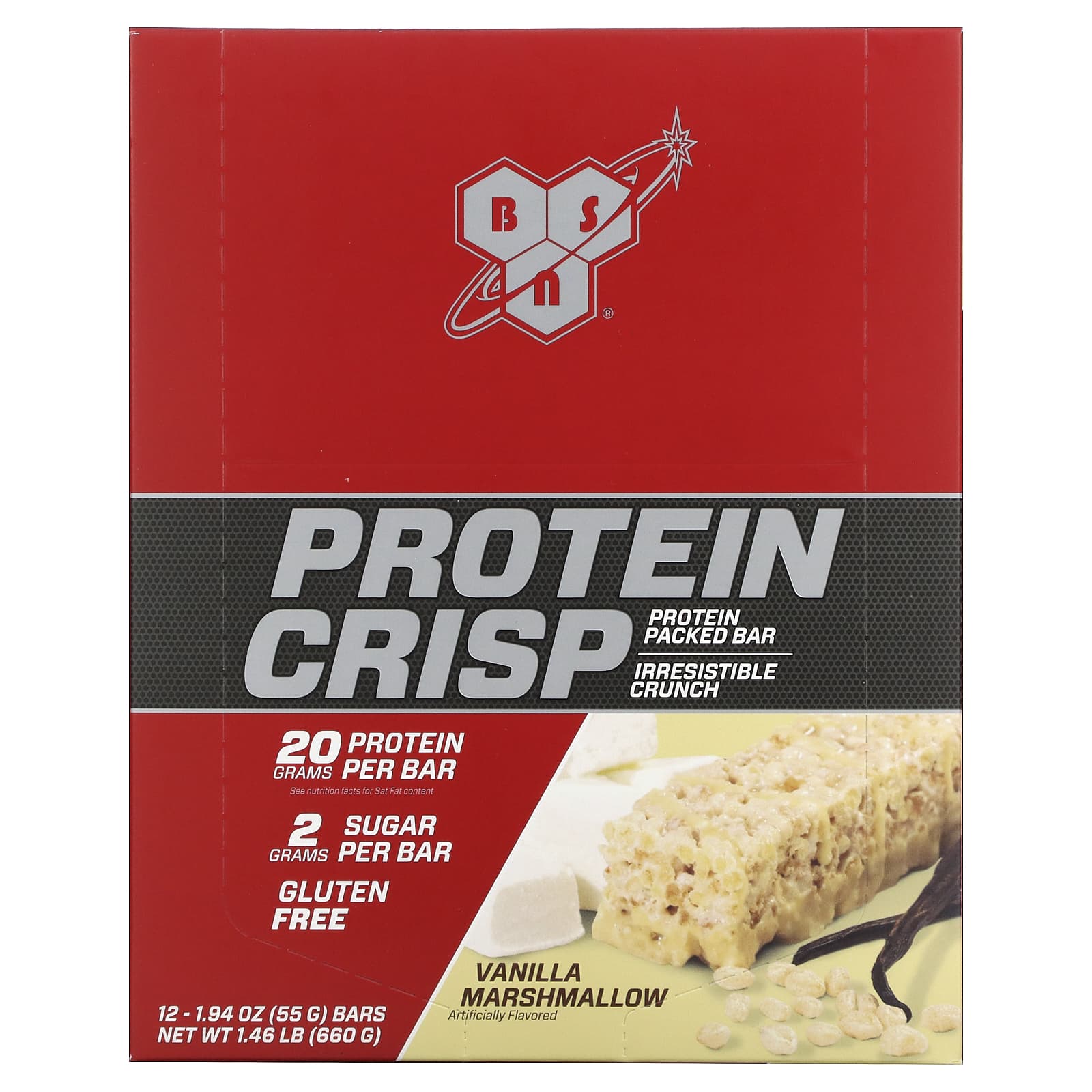 BSN-Protein Crisp-Vanilla Marshmallow-12 Bars-1.94 oz (55 g) Each