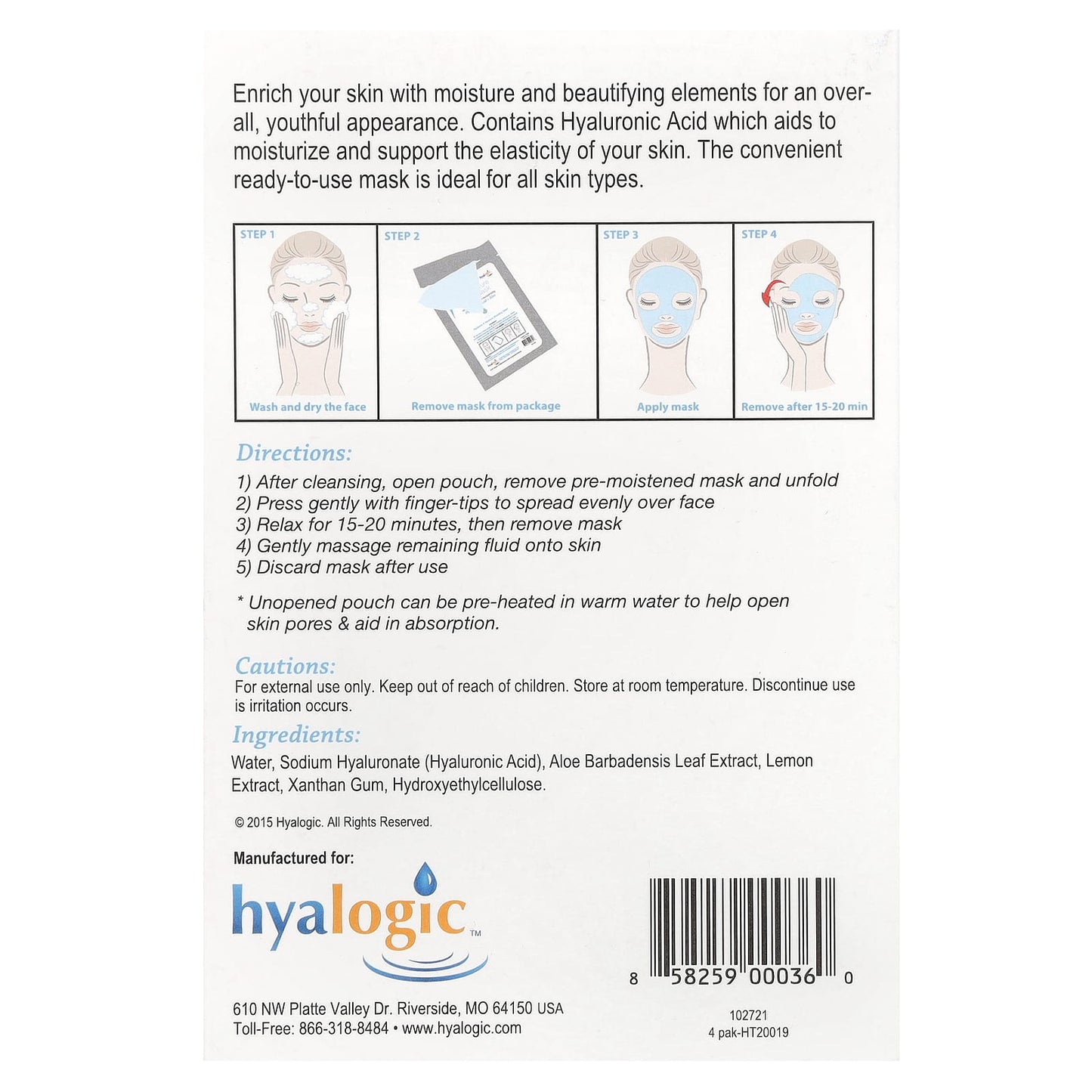 Hyalogic, HA Moisture Beauty Mask with Hyaluronic Acid & Aloe, Fragrance Free, 4 Masks, 0.8 oz Each