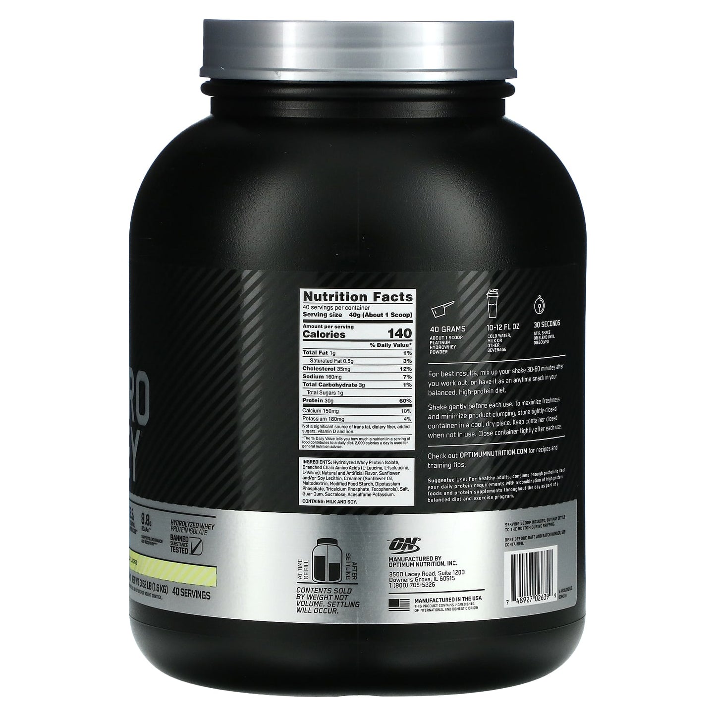 Optimum Nutrition, Platinum Hydro Whey, Velocity Vanilla, 3.52 lb (1.6 kg)