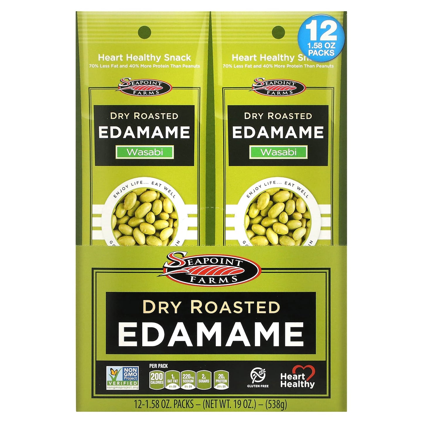 Seapoint Farms-Dry Roasted Edamame-Wasabi-12 Packs-1.58 oz (45 g) Each