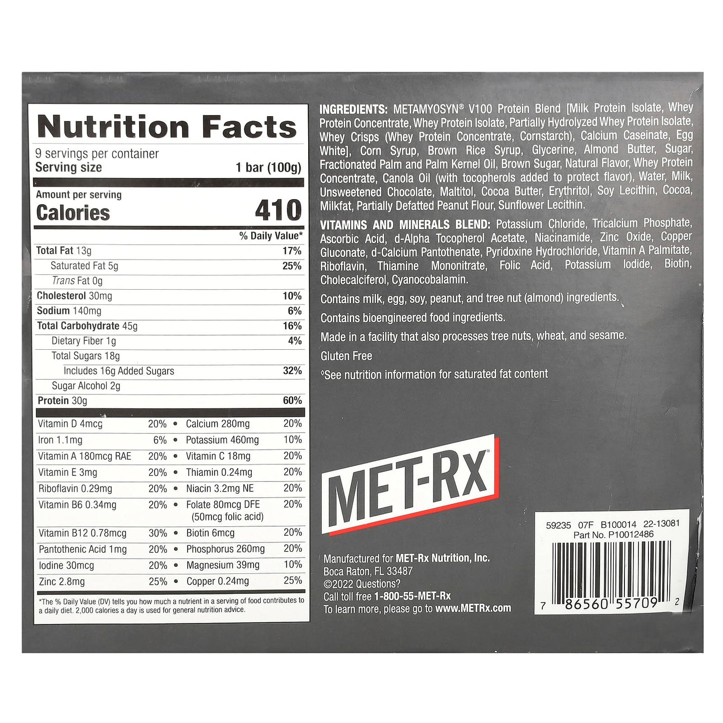 MET-Rx, Big 100, Meal Replacement Bar, Chocolate Chip Cookie Dough, 9 Bars, 3.52 oz (100 g) Each