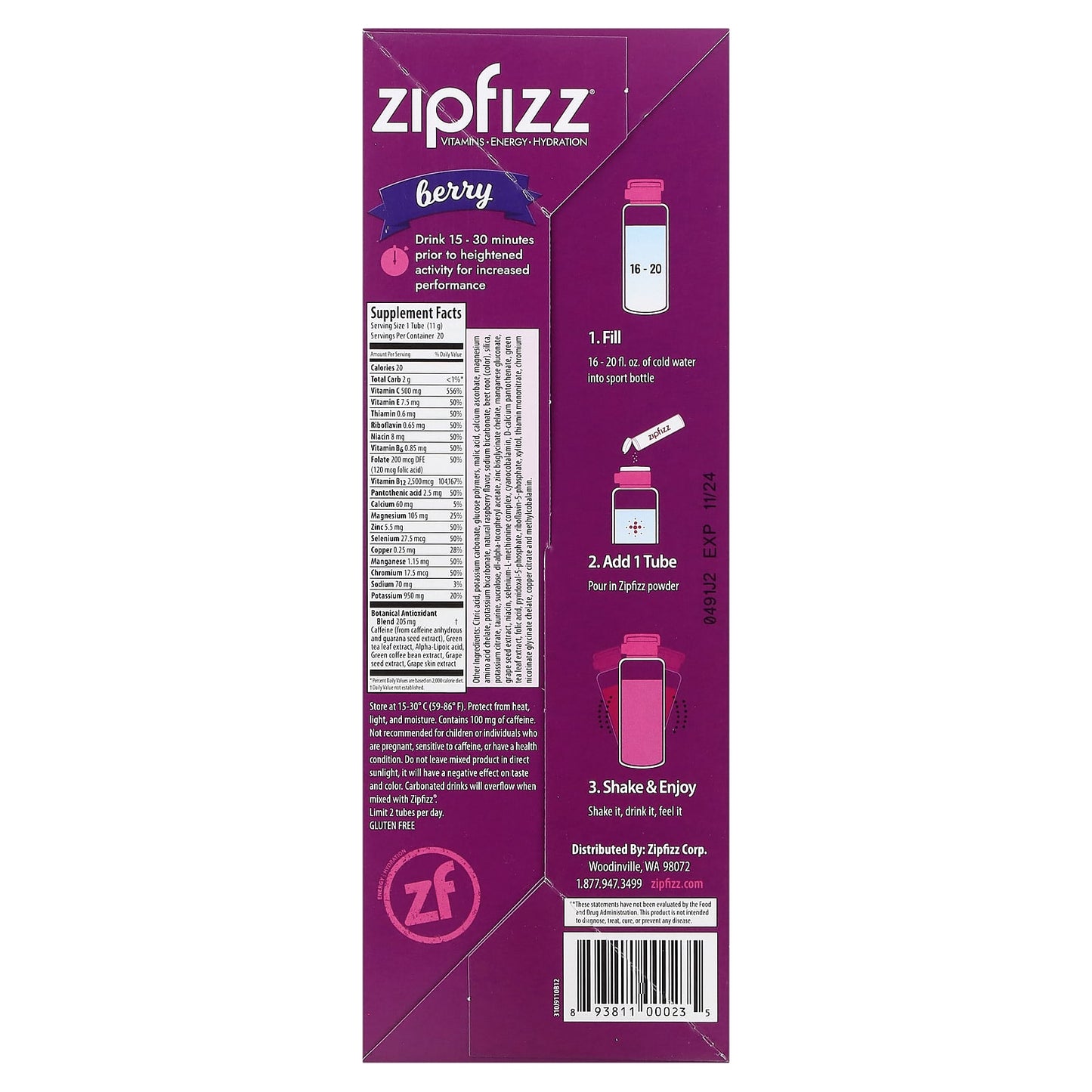 Zipfizz, Energy Drink Mix, Berry, 20 Tubes, 0.39 oz (11 g) Each