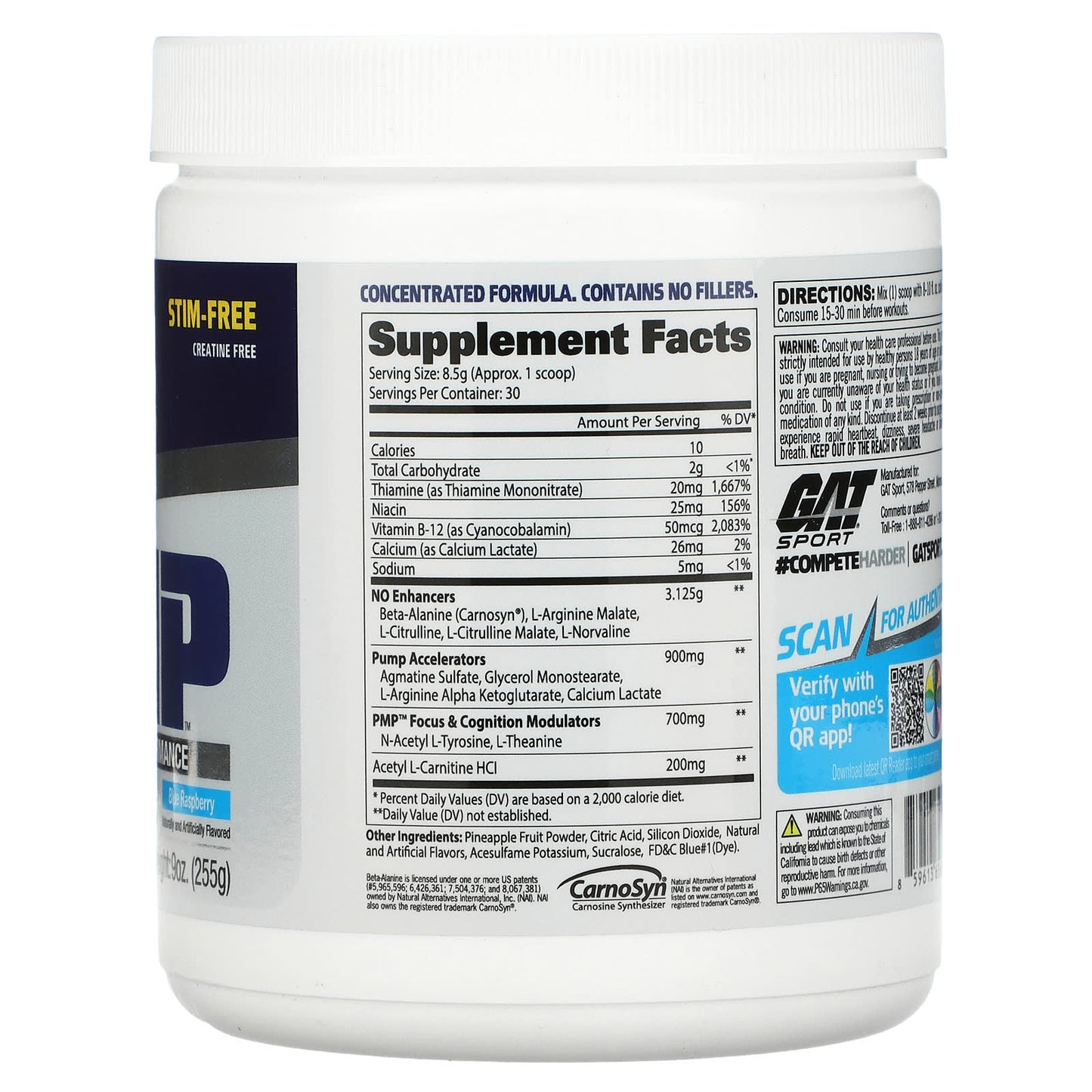 GAT, STM-Free PMP, Peak Muscle Performance, Blue Raspberry, 9 oz (255 g)