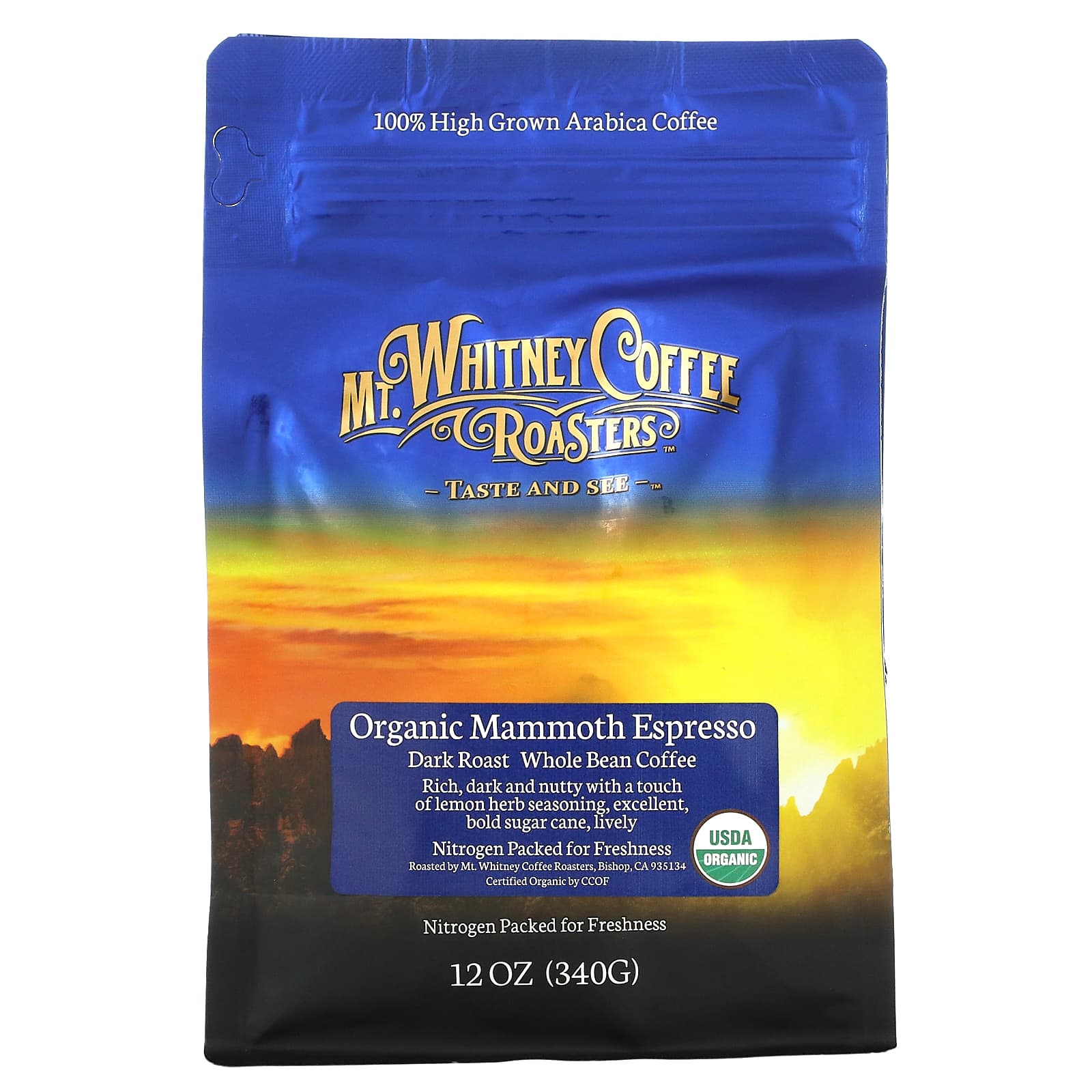 Mt. Whitney Coffee Roasters-Organic Mammoth Espresso-Whole Bean Coffee-Dark Roast-12 oz (340 g)