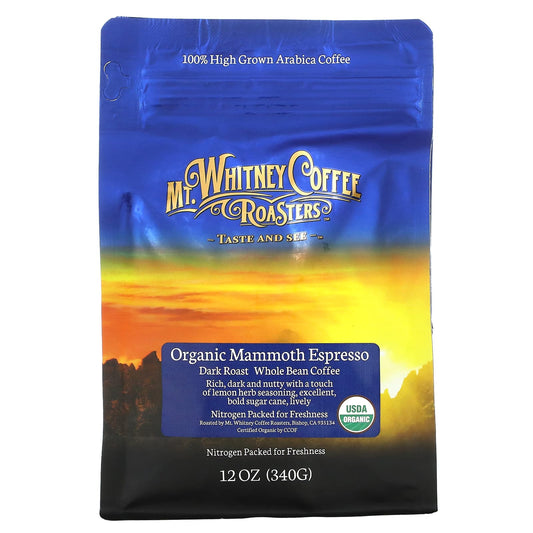 Mt. Whitney Coffee Roasters-Organic Mammoth Espresso-Whole Bean Coffee-Dark Roast-12 oz (340 g)