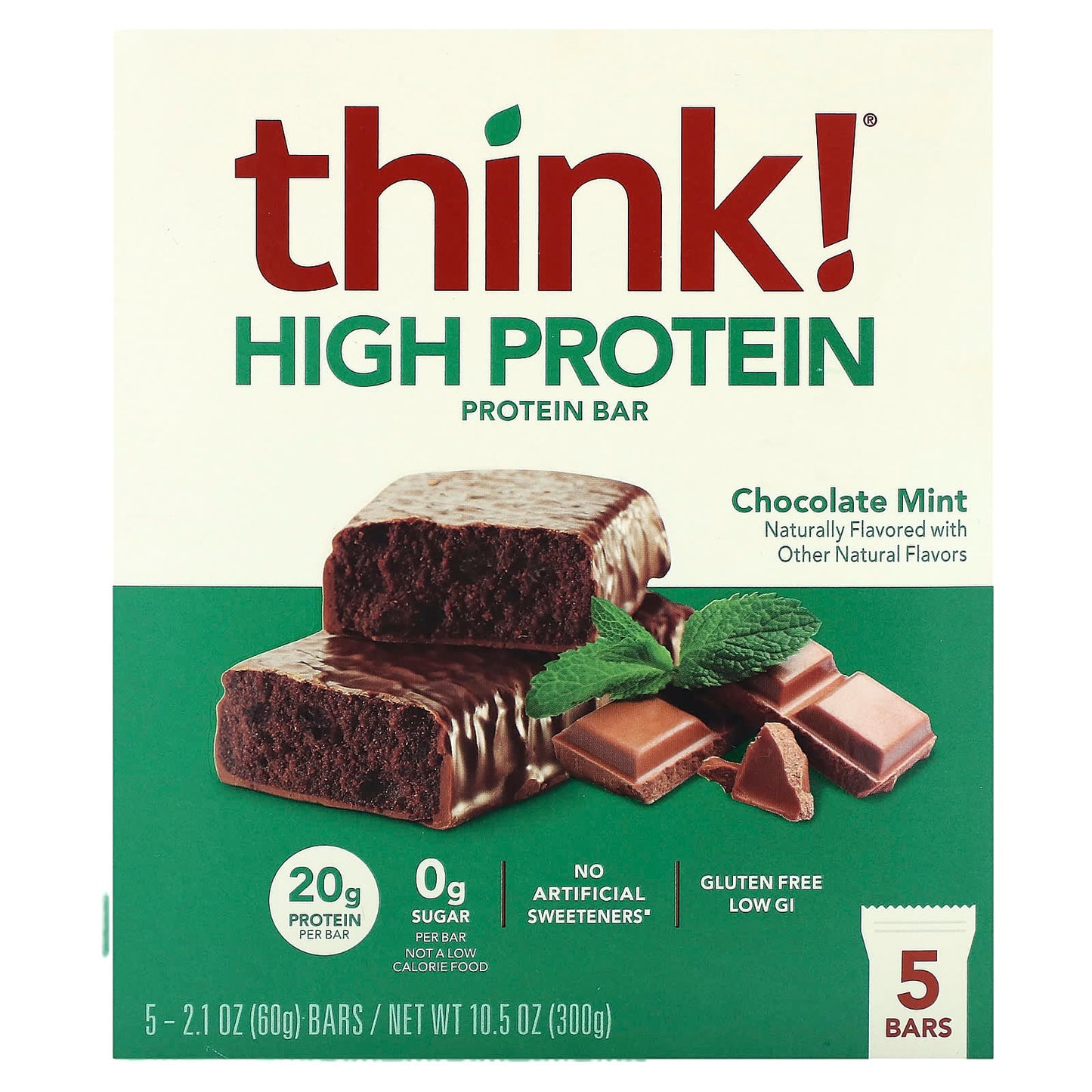 Think !-High Protein Bars-Chocolate Mint-5 Bars-2.1 oz (60 g) Each