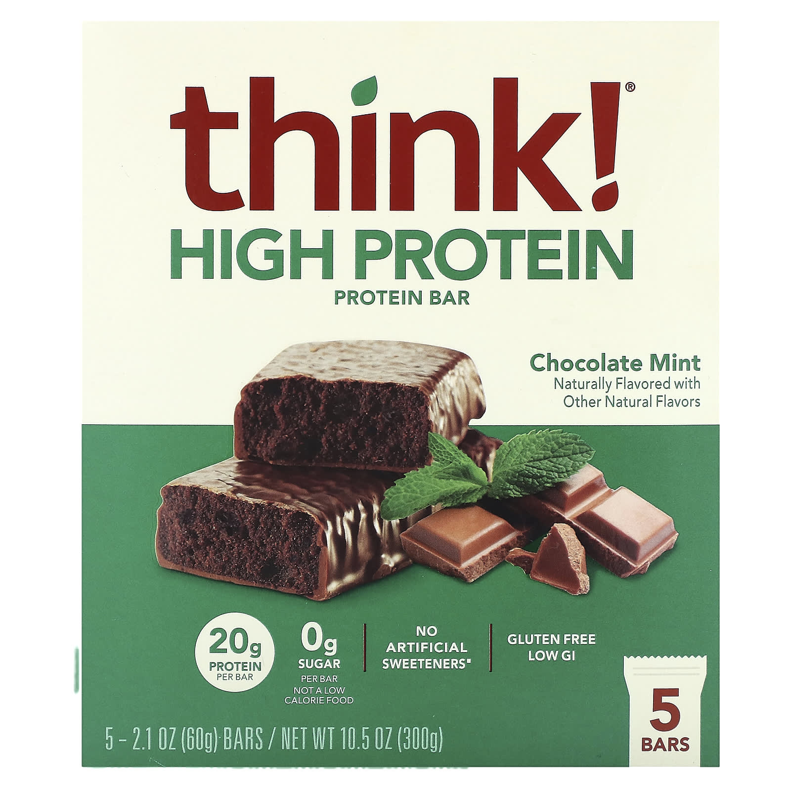 Think !-High Protein Bars-Chocolate Mint-5 Bars-2.1 oz (60 g) Each