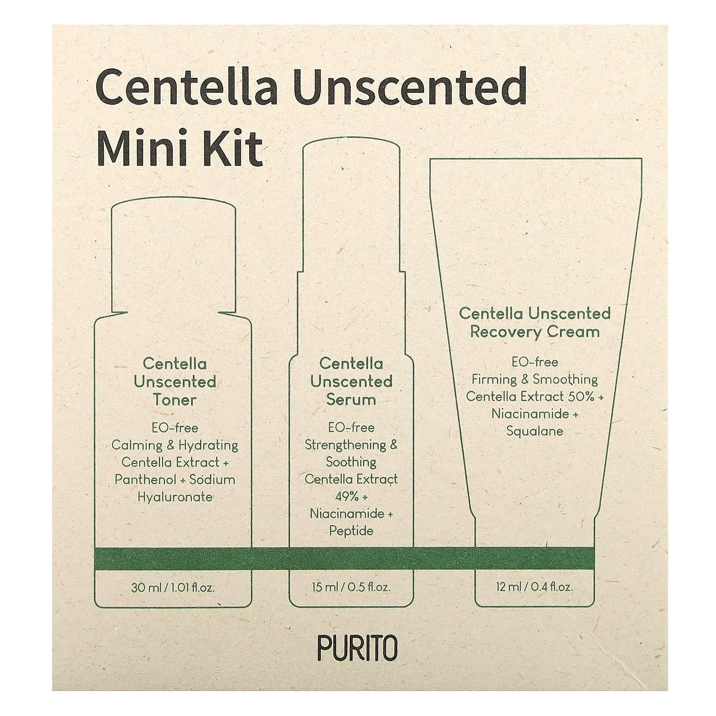 Purito, Centella Unscented Mini Kit, 3 Piece Kit