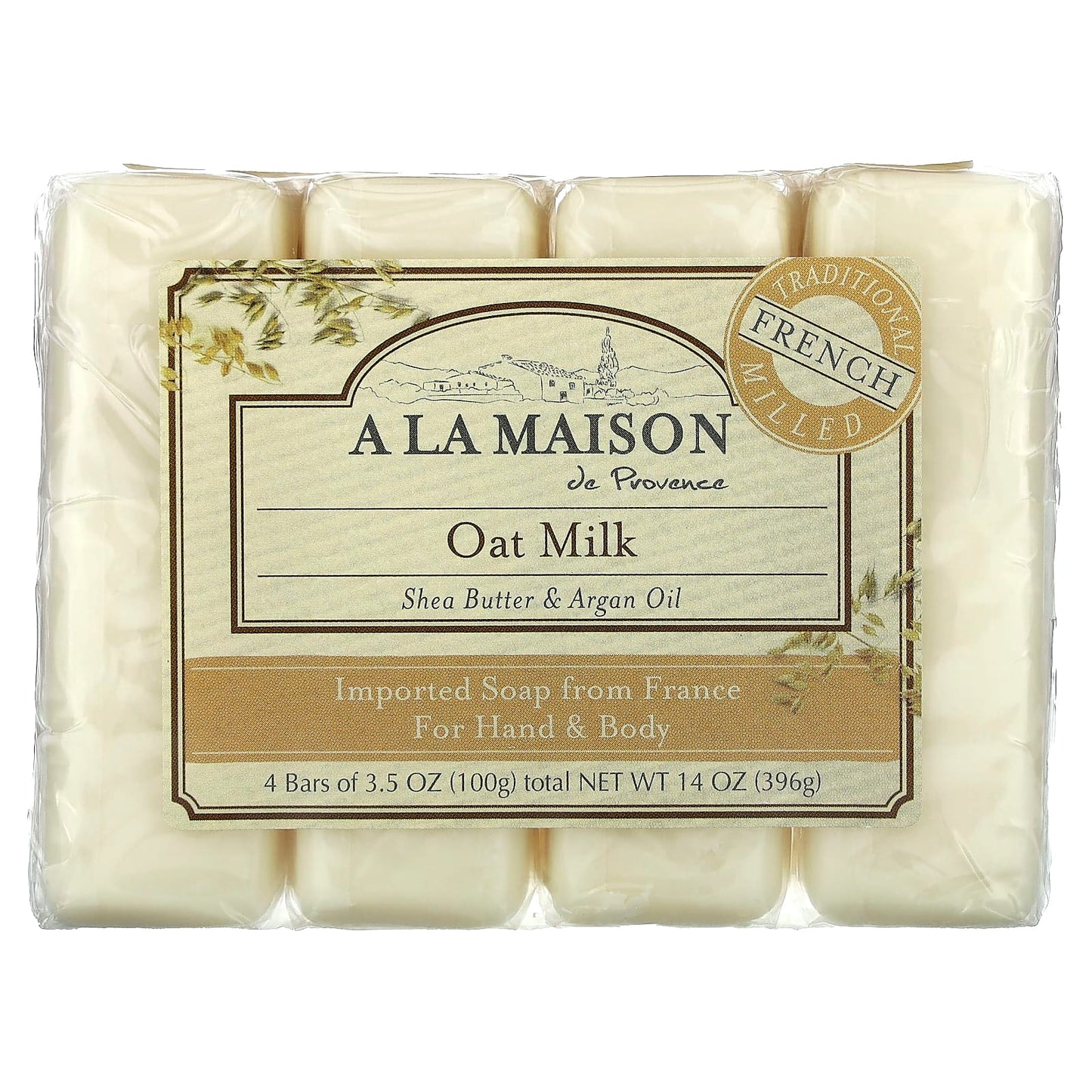 A La Maison de Provence-Hand & Body Bar Soap-Oat Milk-4 Bars-3.5 oz (100 g) Each