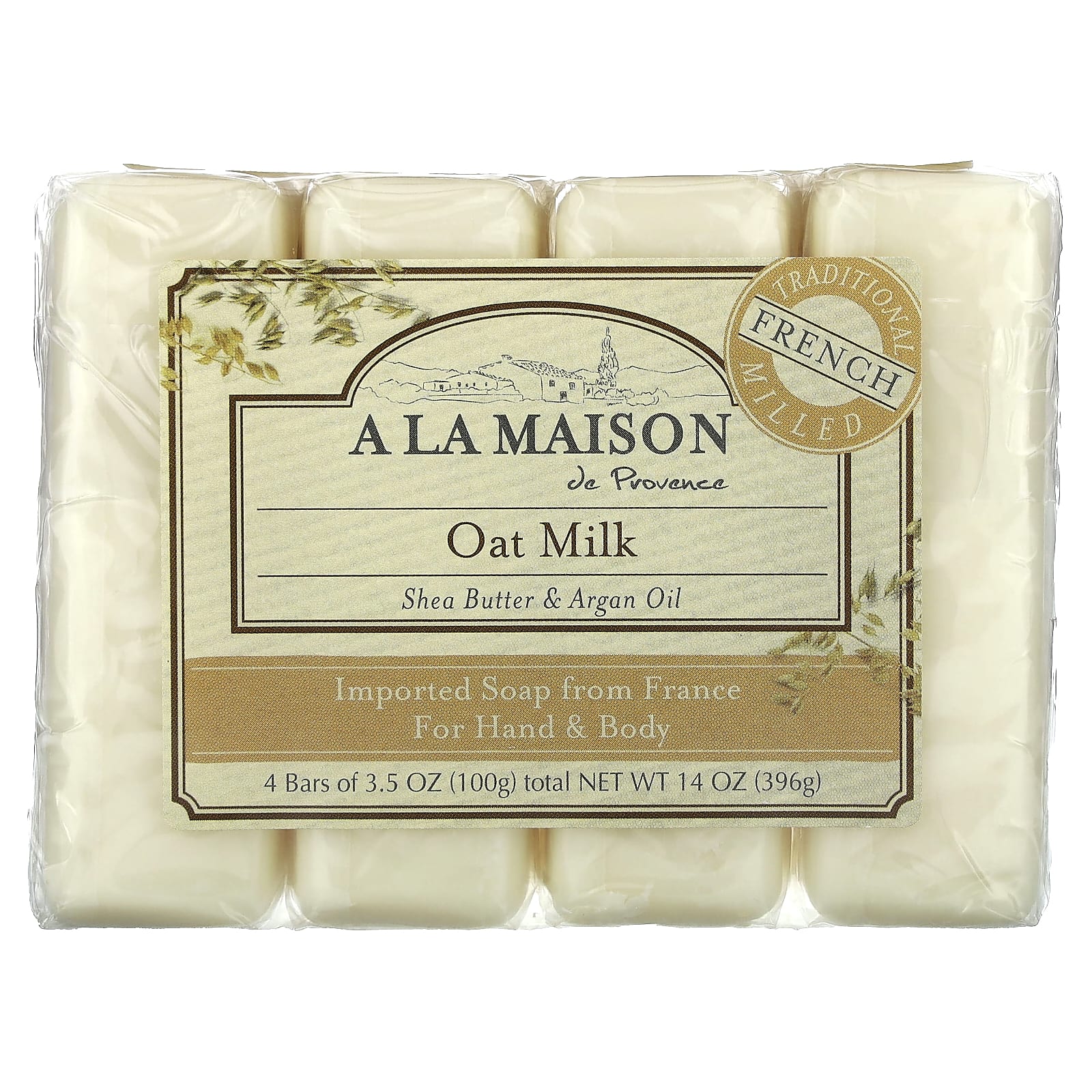 A La Maison de Provence-Hand & Body Bar Soap-Oat Milk-4 Bars-3.5 oz (100 g) Each