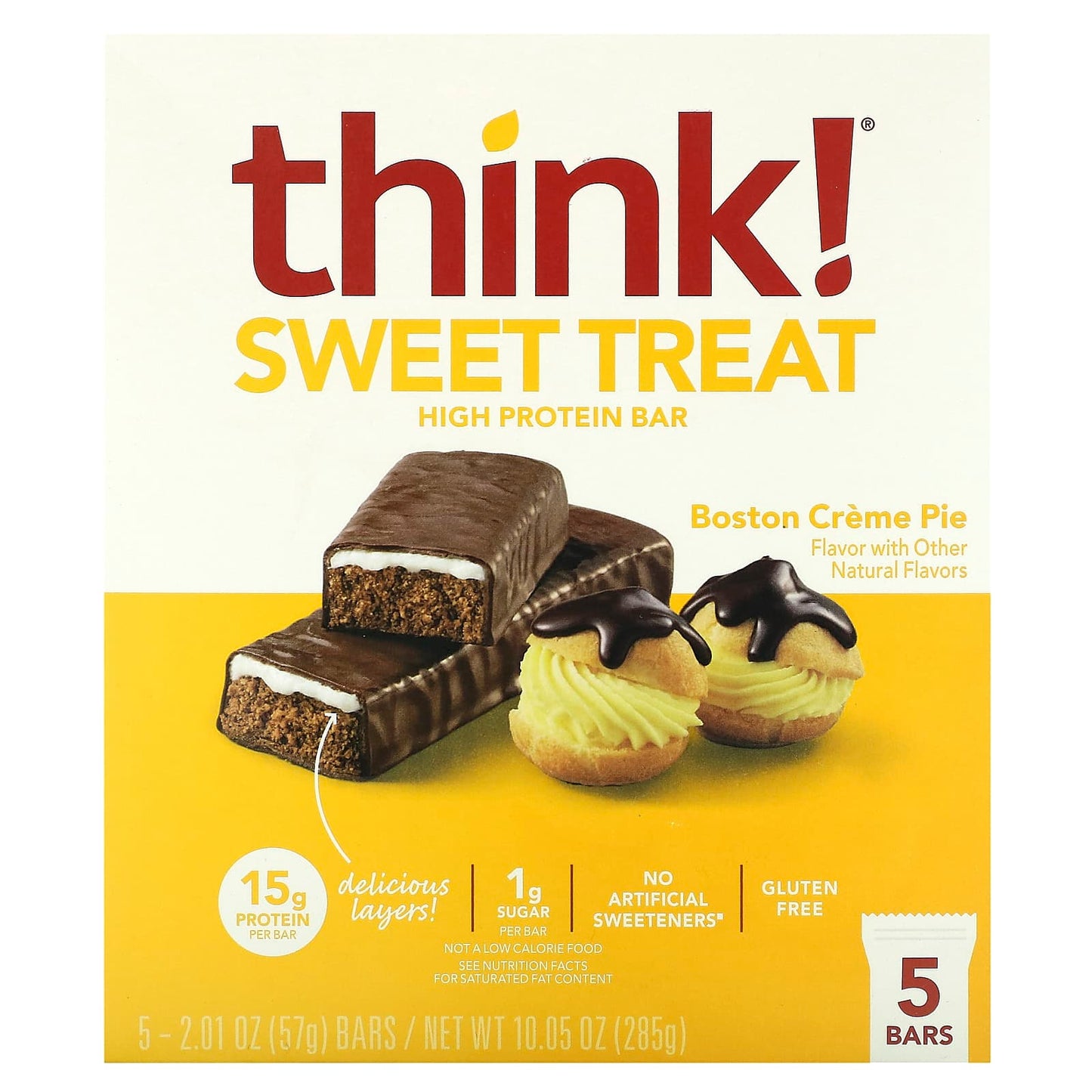 Think !-Sweet Treat-High Protein Bar-Boston Creme Pie-5 Bars-2.01 oz (57 g) Each