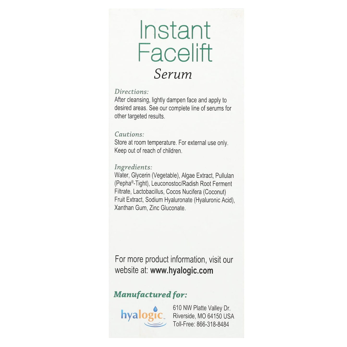 Hyalogic, Instant Facelift Serum with Hyaluronic Acid & Pepha-Tight, Fragrance Free, 1 fl oz (30 ml)