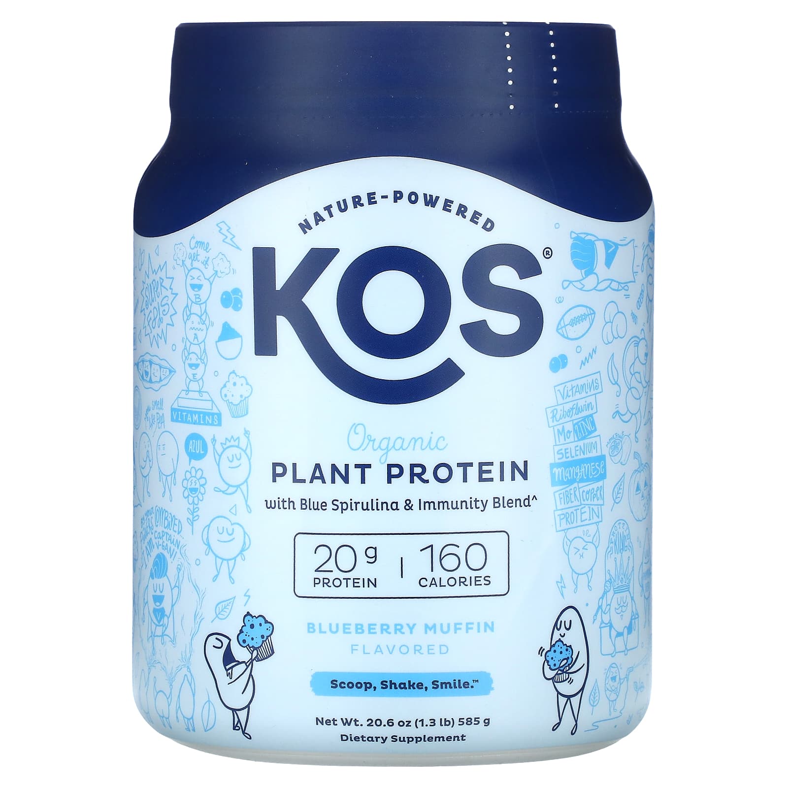 KOS-Organic Plant Based Protein with Blue Spirulina & Immunity Blend-Blueberry Muffin-20.6 oz (585 g)