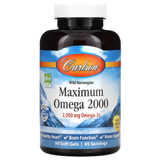 Carlson-Wild Norwegian-Maximum Omega 2000-Natural Lemon-2,000 mg-90 Soft Gels (1,000 mg per Soft Gel)