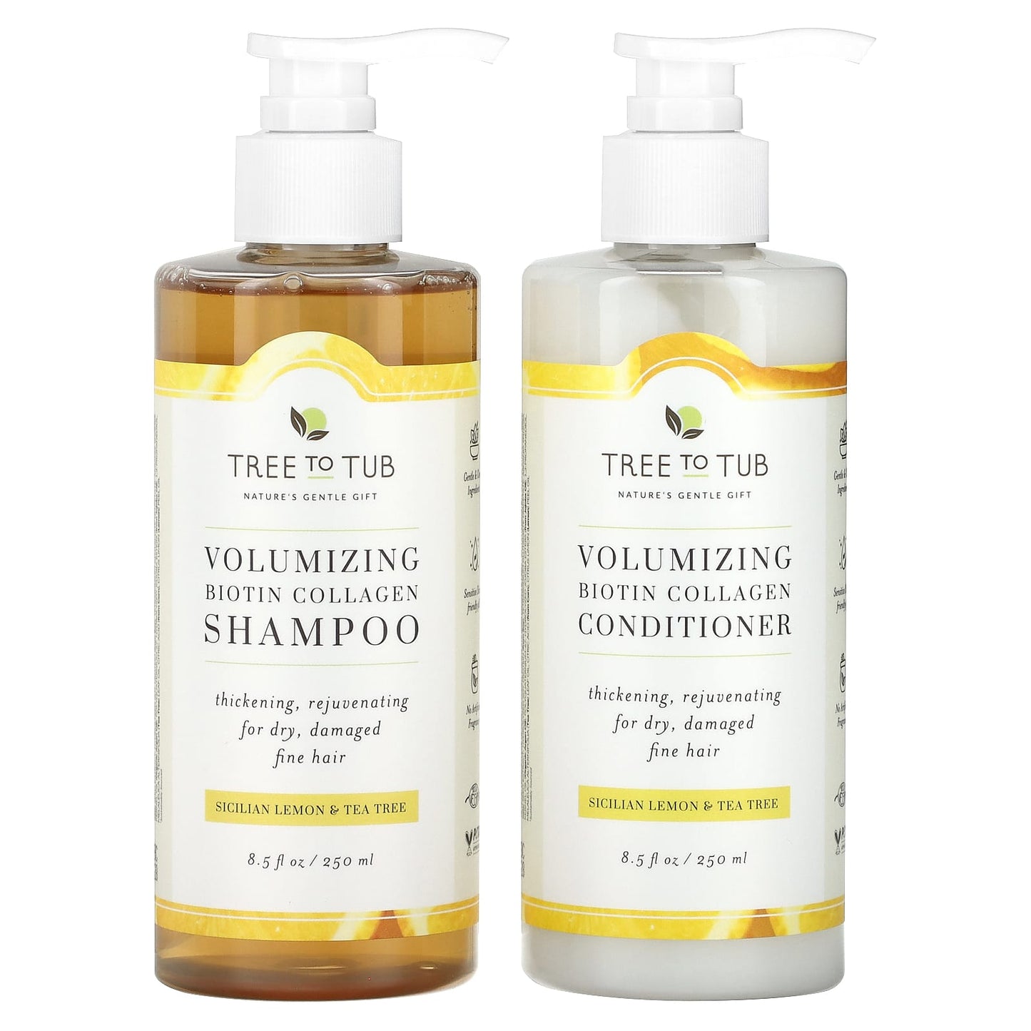 Tree To Tub-Shampoo & Conditioner Set-Volumizing Biotin Collagen-Sicilian Lemon & Tea Tree-2 Piece Set-8.5 fl oz (250 ml) Each