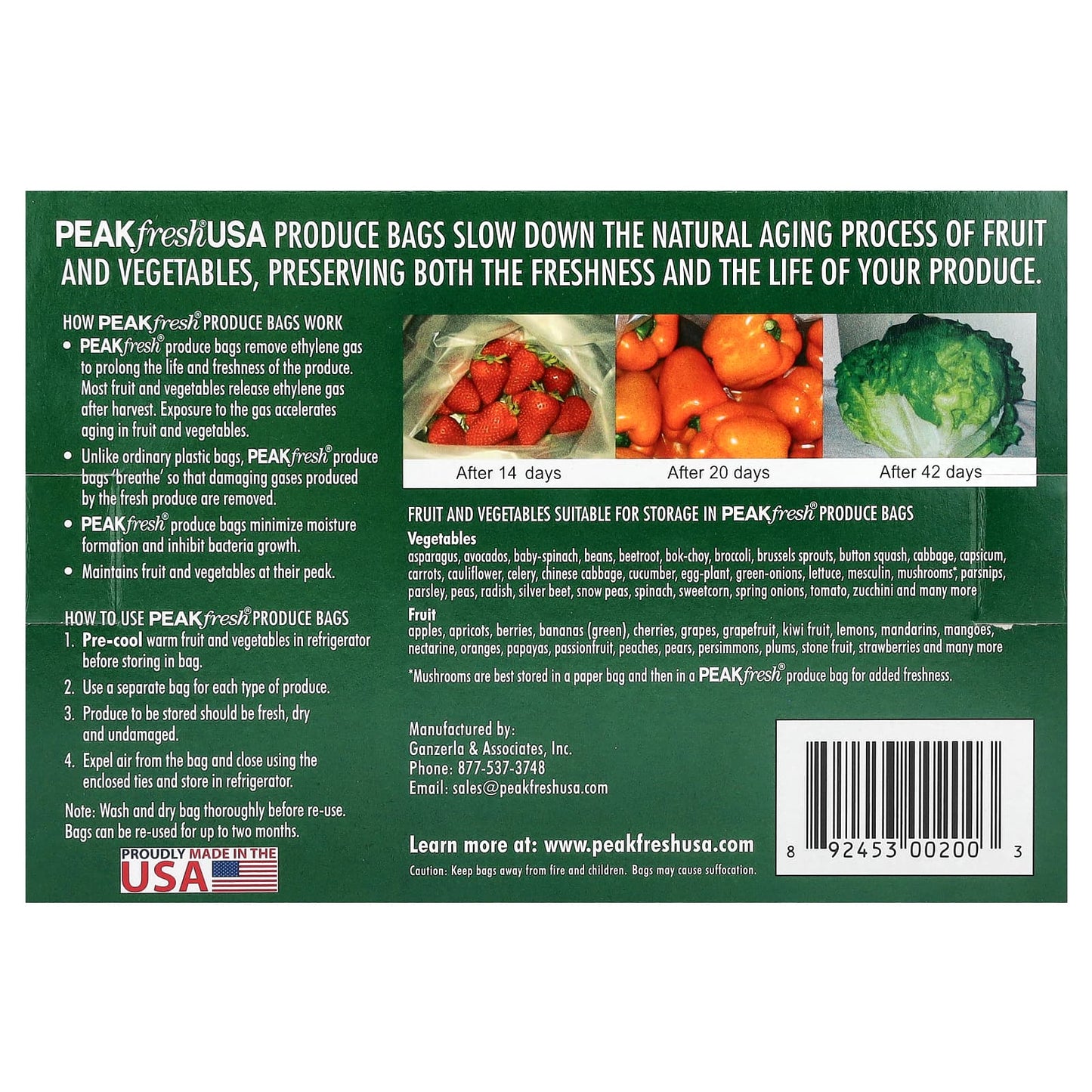PEAKfresh USA, Produce Bags with Twist Ties, 10 Re-Usable Bags