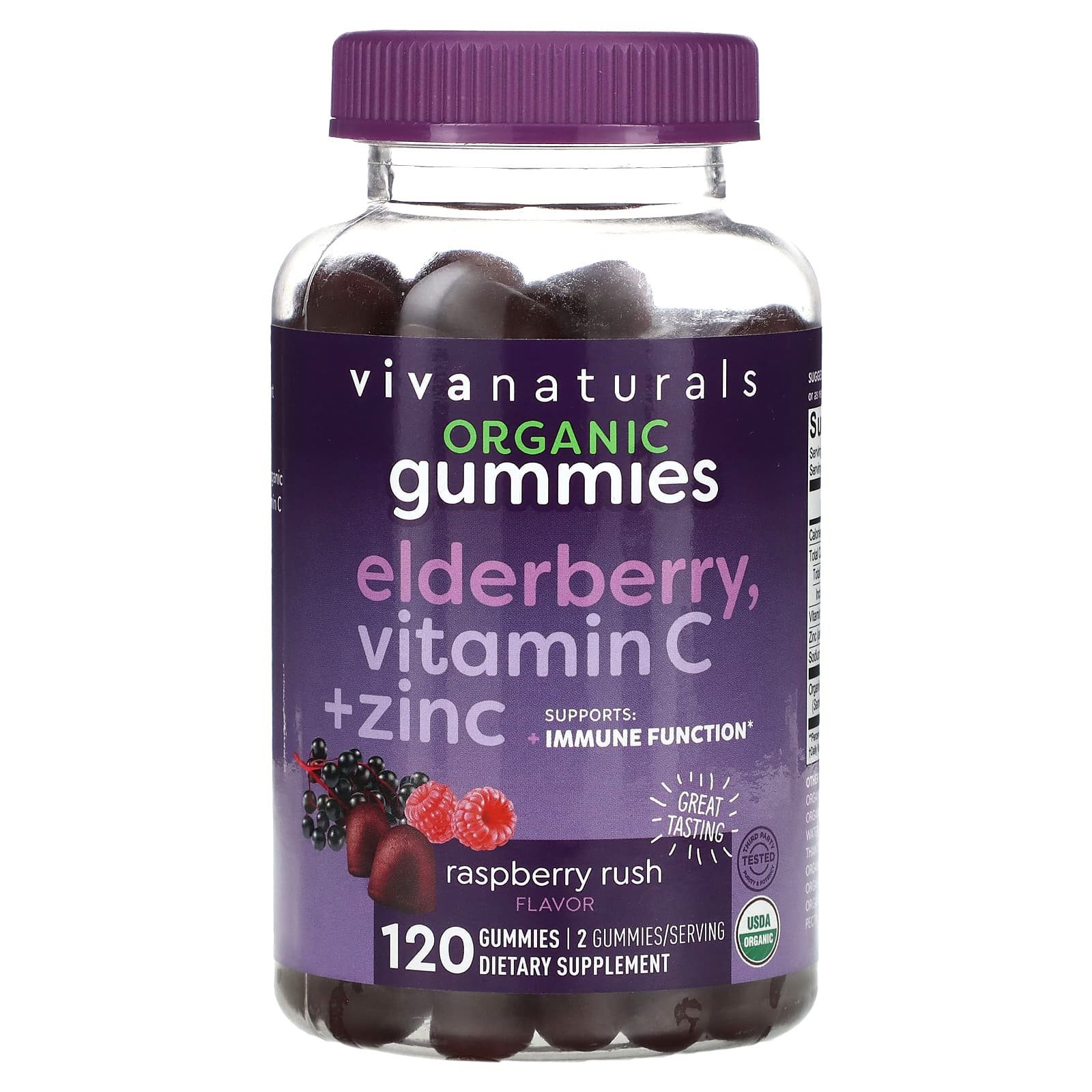 Viva Naturals-Organic Elderberry-Vitamin C + Zinc-Raspberry Rush-120 Gummies