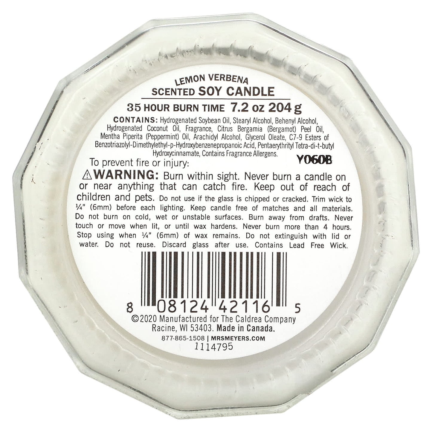 Mrs. Meyers Clean Day, Scented Soy Candle, Lemon Verbena, 7.2 oz (204 g)