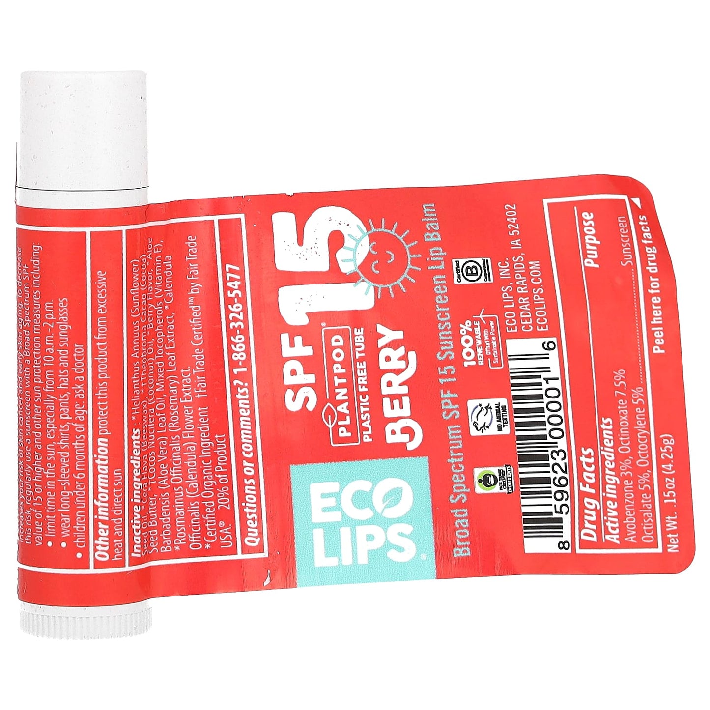 Eco Lips, Sunscreen Lip Balm, SPF 15, Berry, 0.15 oz (4.25 g)