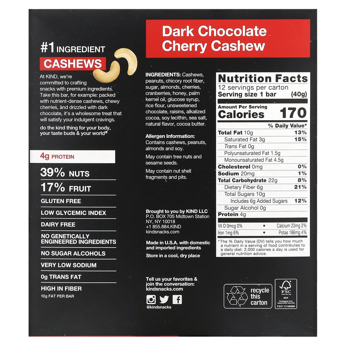 KIND Bars, Dark Chocolate Cherry Cashew, 12 Bars, 1.4 oz (40 g) Each