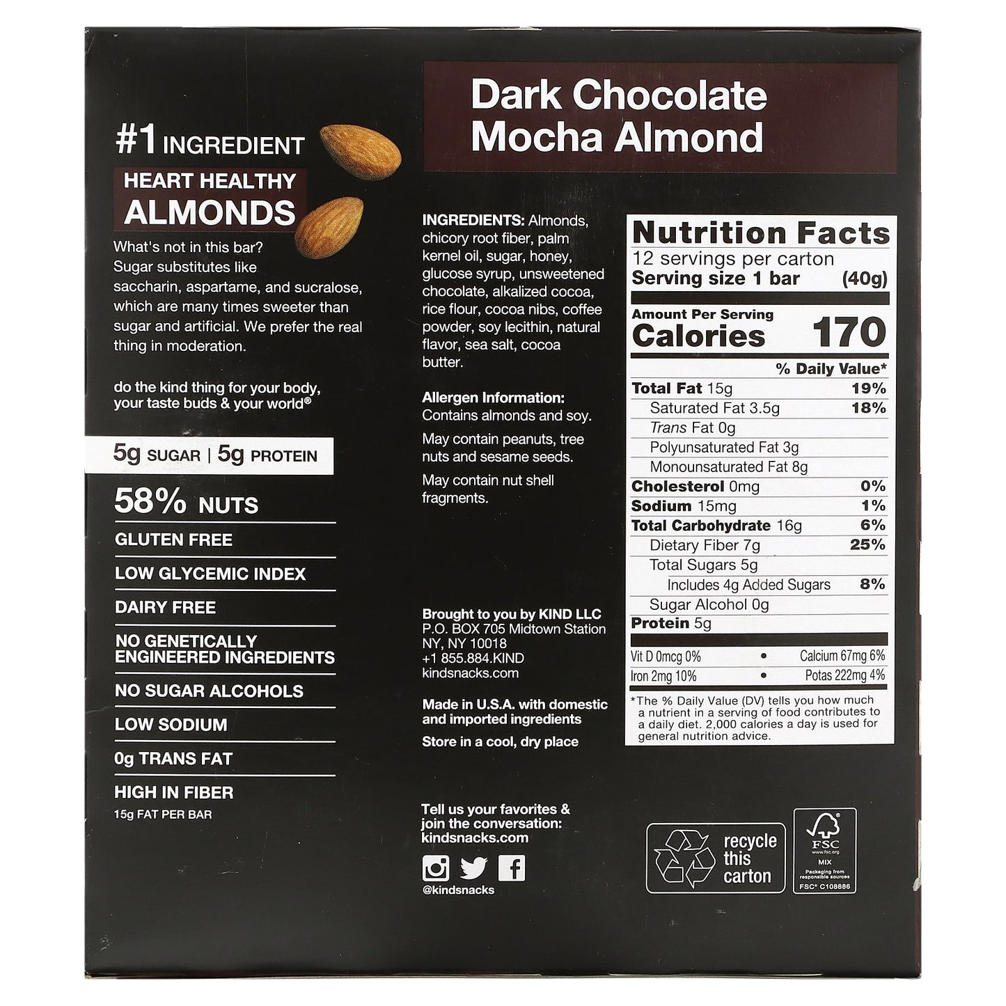 KIND Bars, Nuts & Spices, Dark Chocolate Mocha Almond, 12 Bars, 1.4 oz (40 g) Each