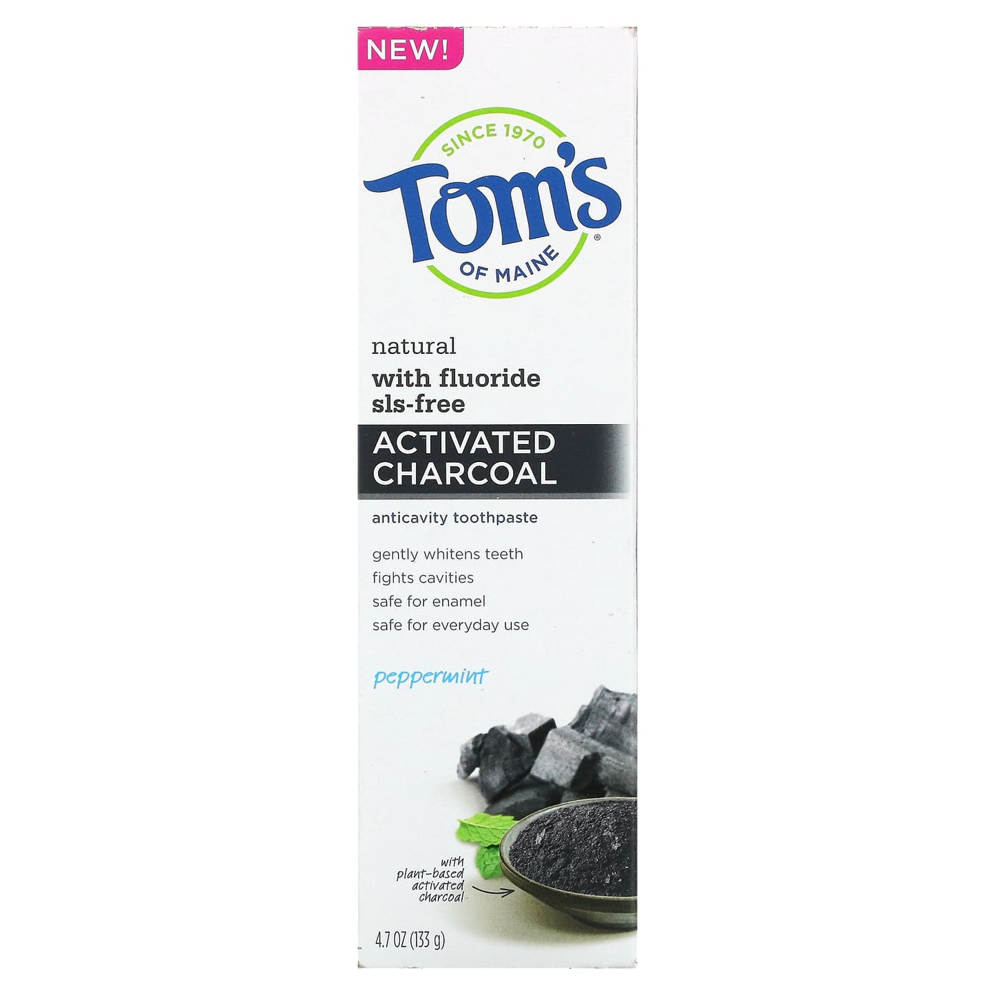 Tom's of Maine, Natural Anticavity Toothpaste, Activated Charcoal with Fluoride, Peppermint, 4.7 oz (133 g)