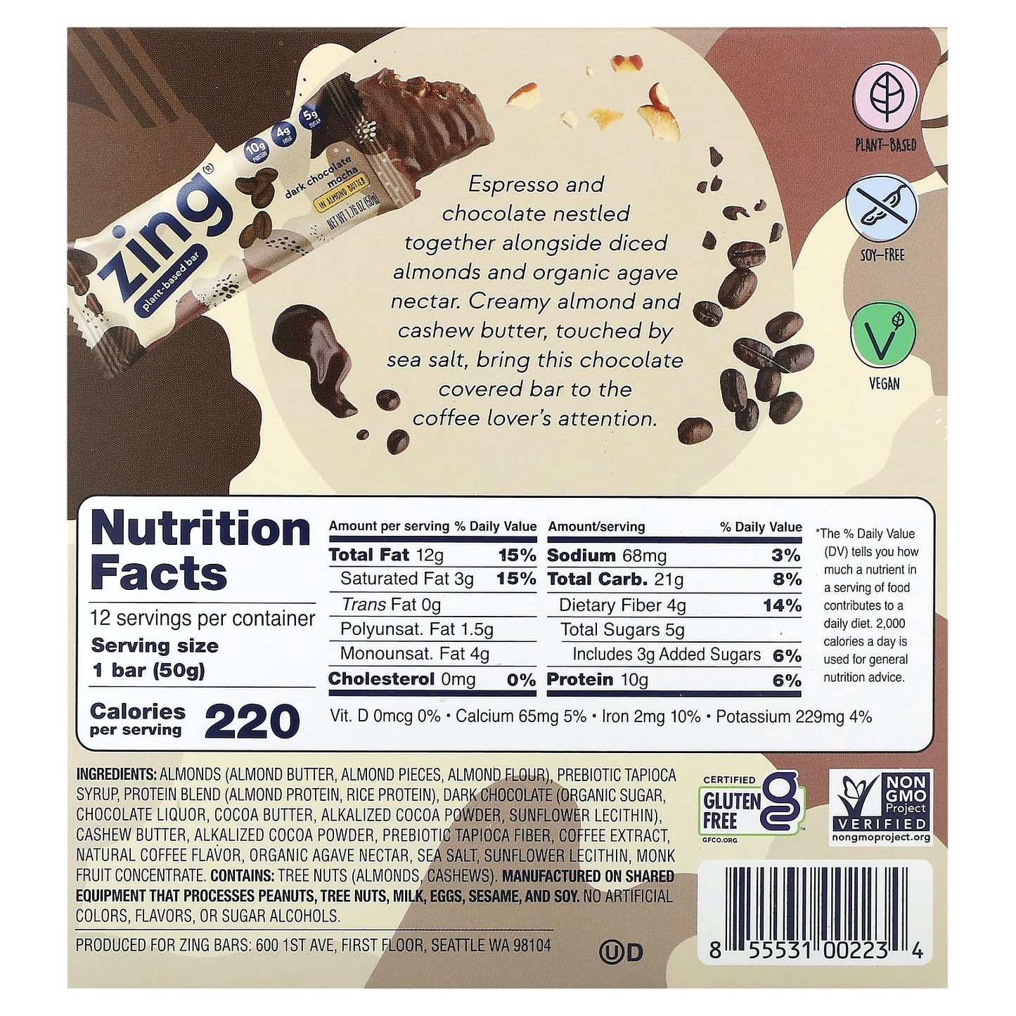 Zing Bars, Plant-Based Bar, Dark Chocolate Mocha In Almond Butter, 12 Bars, 1.76 oz (50 g) Each