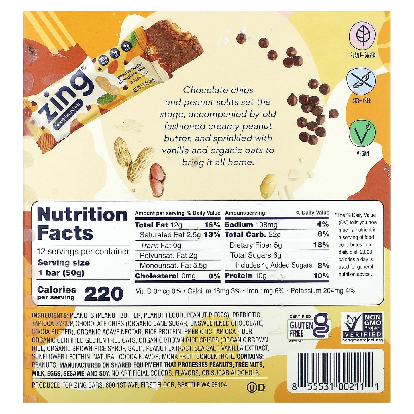 Zing Bars, Plant-Based Bar, Peanut Butter Chocolate Chip In Peanut Butter, 12 Bars, 1.76 oz (50 g) Each