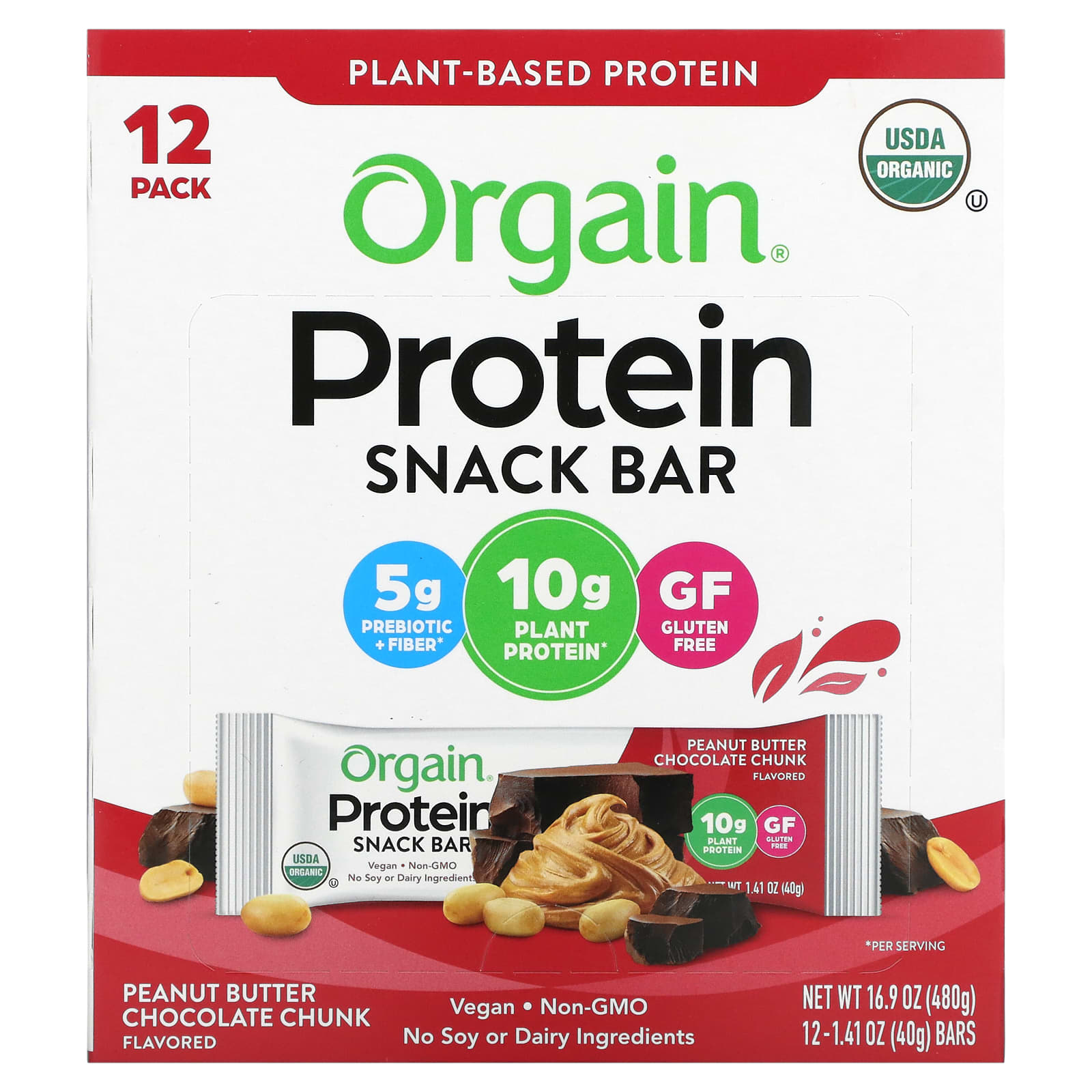 Orgain-Organic Plant-Based Protein Bar-Peanut Butter Chocolate Chunk-12 Bars-1.41 oz (40 g) Each