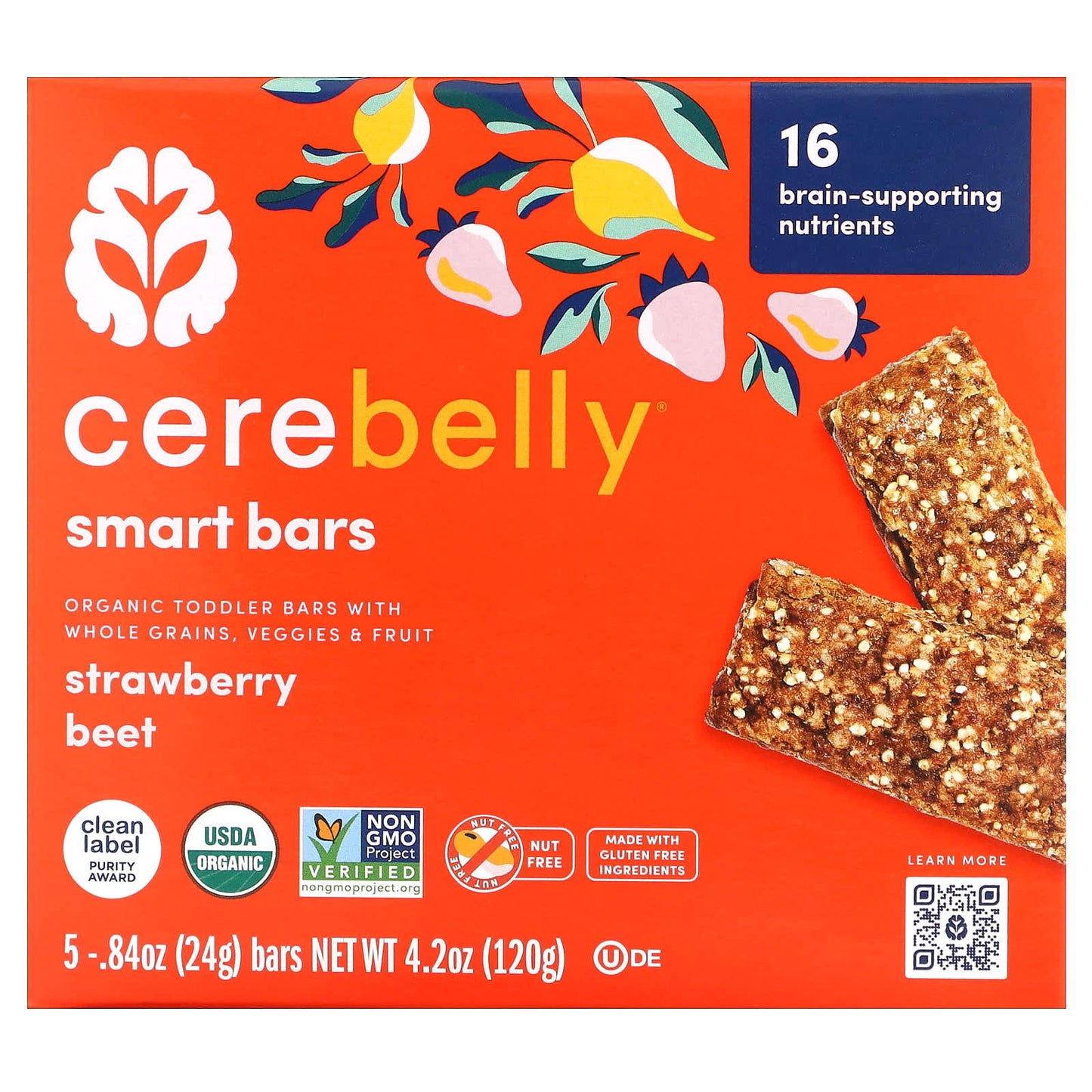 Cerebelly-Smart Bars-Organic Toddler Bars-Strawberry Beet-5 Bars-0.84 oz (24 g) Each