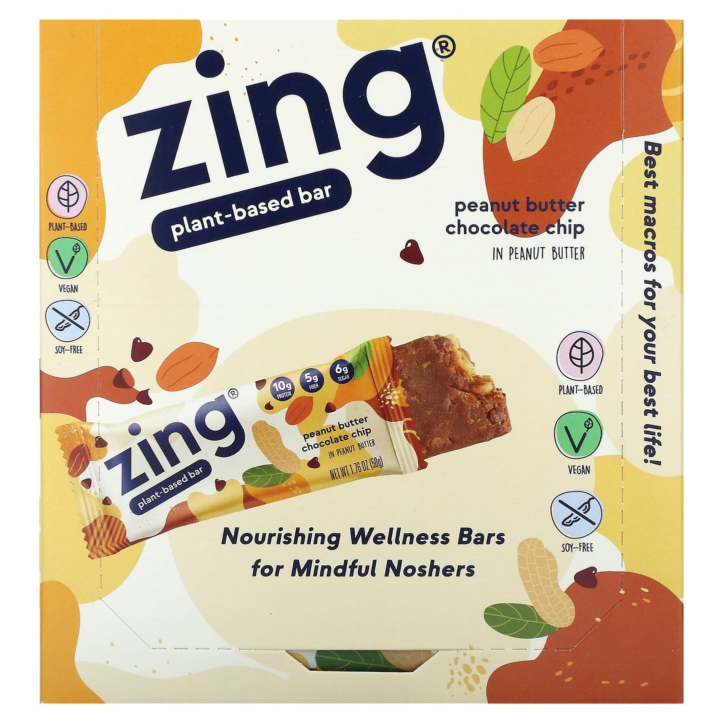 Zing Bars-Plant-Based Bar-Peanut Butter Chocolate Chip In Peanut Butter-12 Bars-1.76 oz (50 g) Each