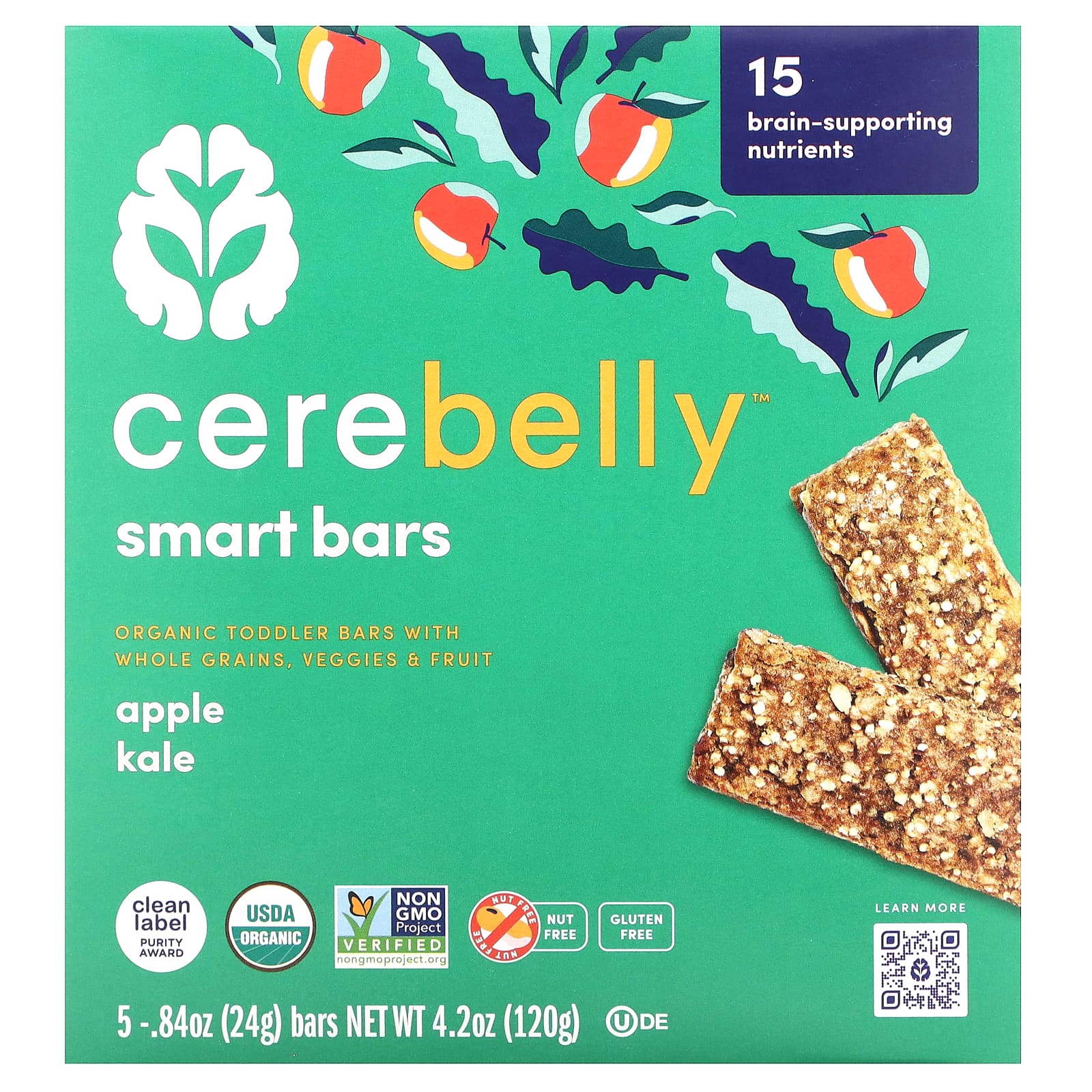 Cerebelly-Smart Bars-Organic Toddler Bars-Apple Kale-5 Bars-0.84 oz (24 g) Each