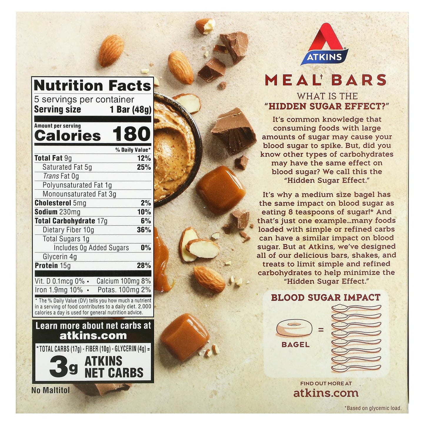 Atkins, Protein Meal Bar, Chocolate Almond Caramel, 5 Bars, 1.69 oz (48 g) Each