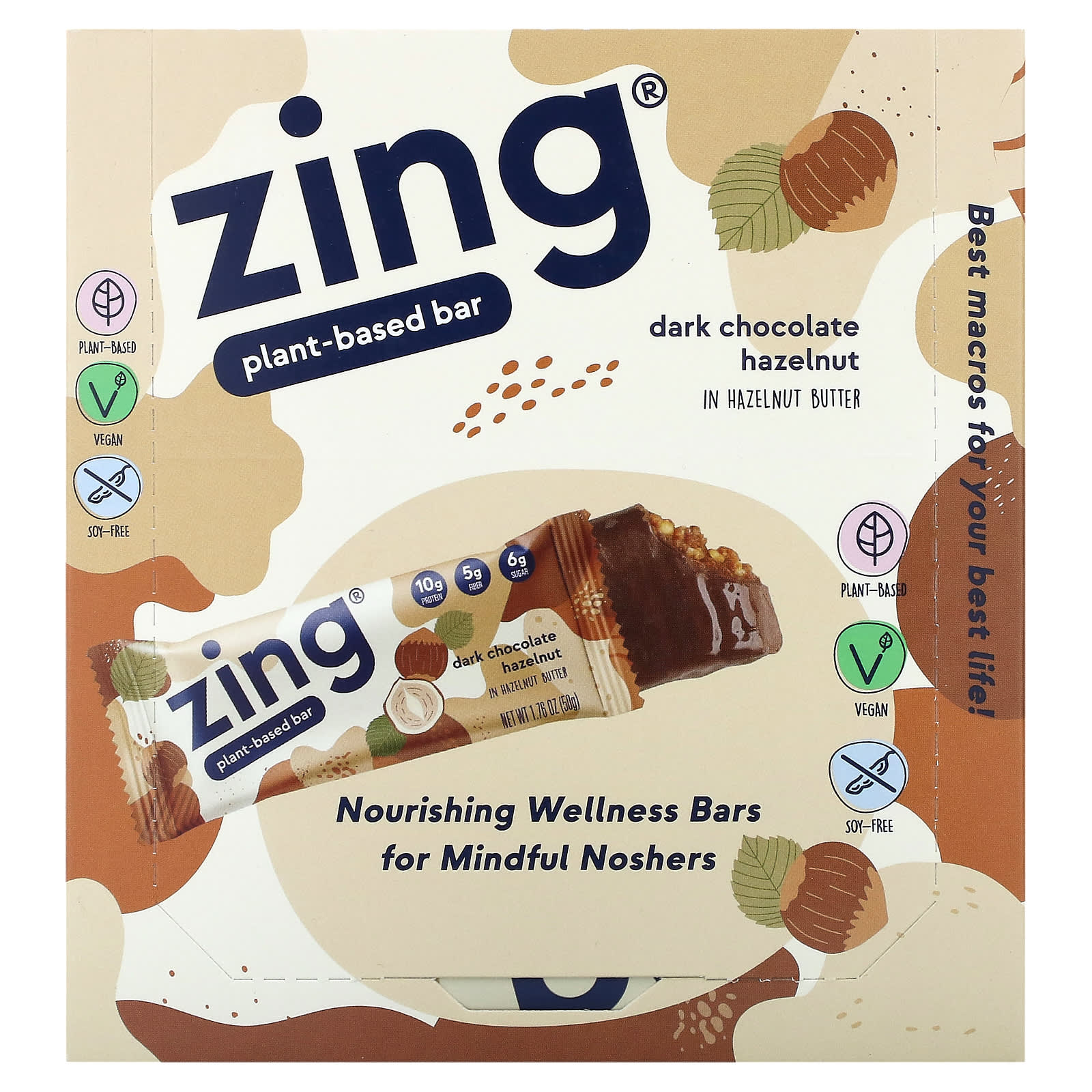 Zing Bars-Plant-Based Bar-Dark Chocolate Hazelnut In Hazelnut Butter-12 Bars-1.76 oz (50 g) Each