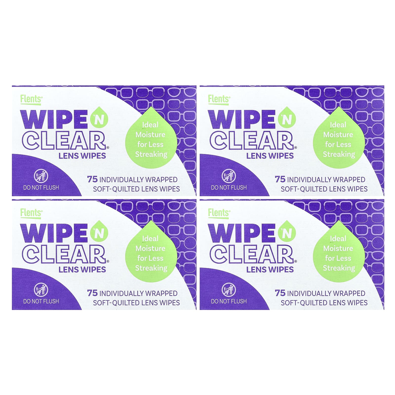 Flents-Wipe 'N Clear-Lens Wipes-4 Boxes-75 Individually Wrapped Soft-Quilted Lens Wipes