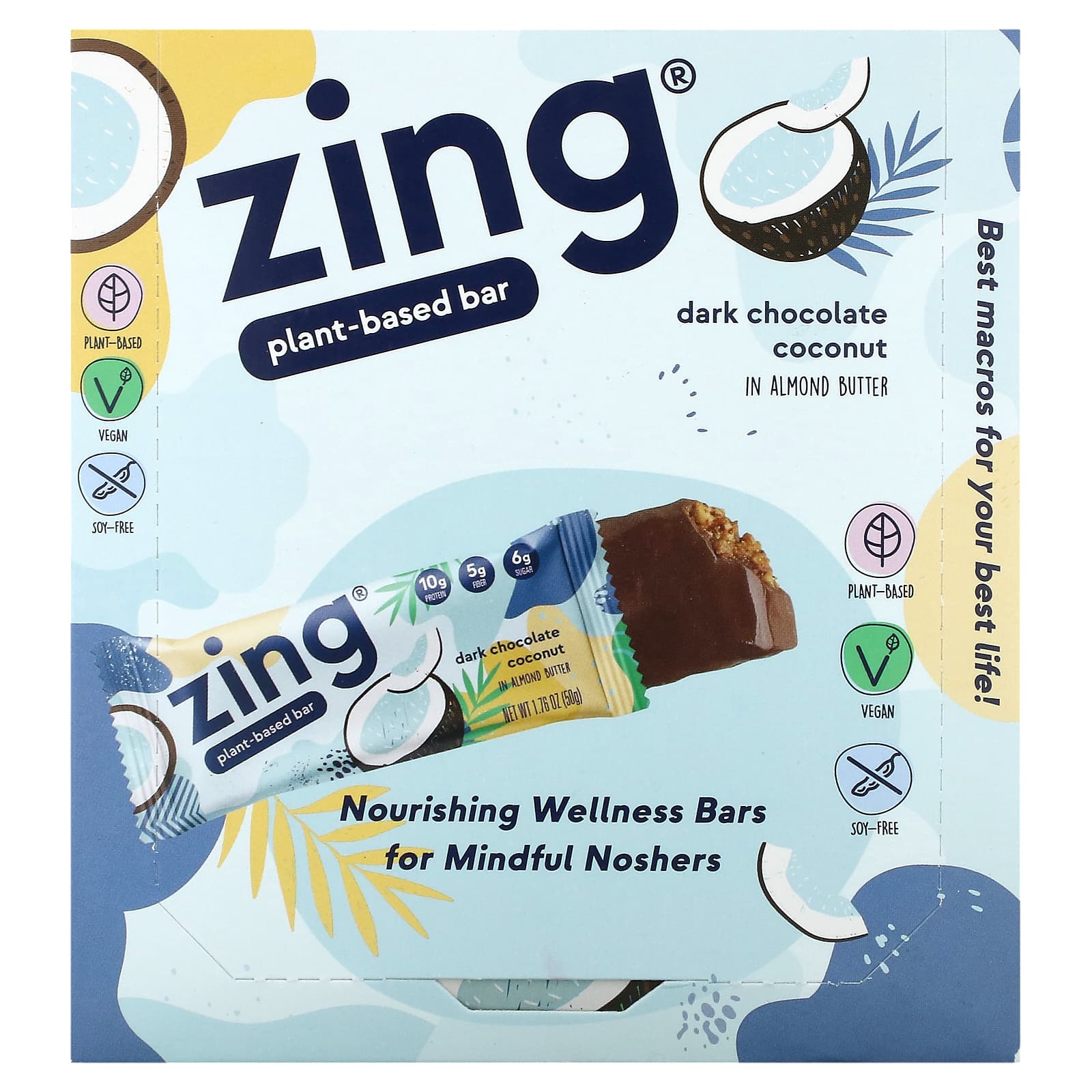 Zing Bars-Plant-Based Bar-Dark Chocolate Coconut In Almond Butter-12 Bars-1.76 oz (50 g) Each