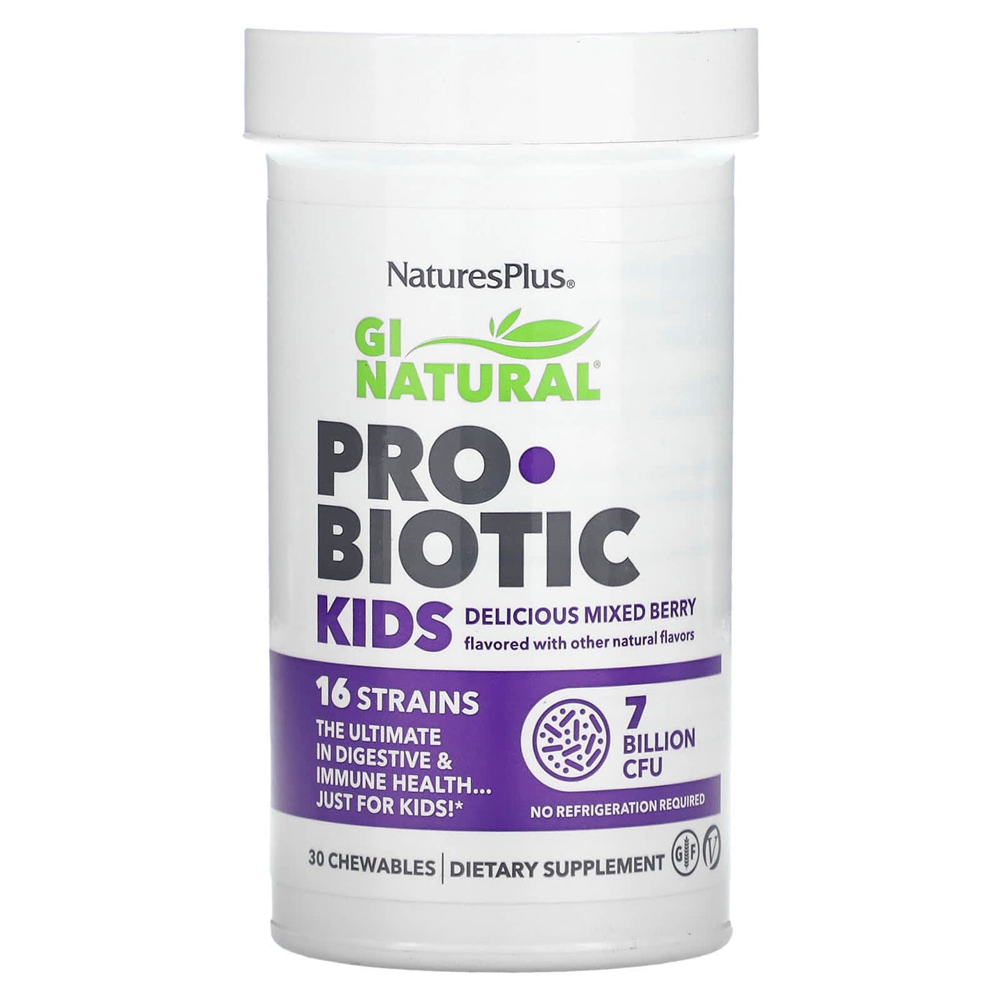 NaturesPlus-GI Natural Probiotic Kids-Delicious Mixed Berry -7 Billion CFU-30 Chewables