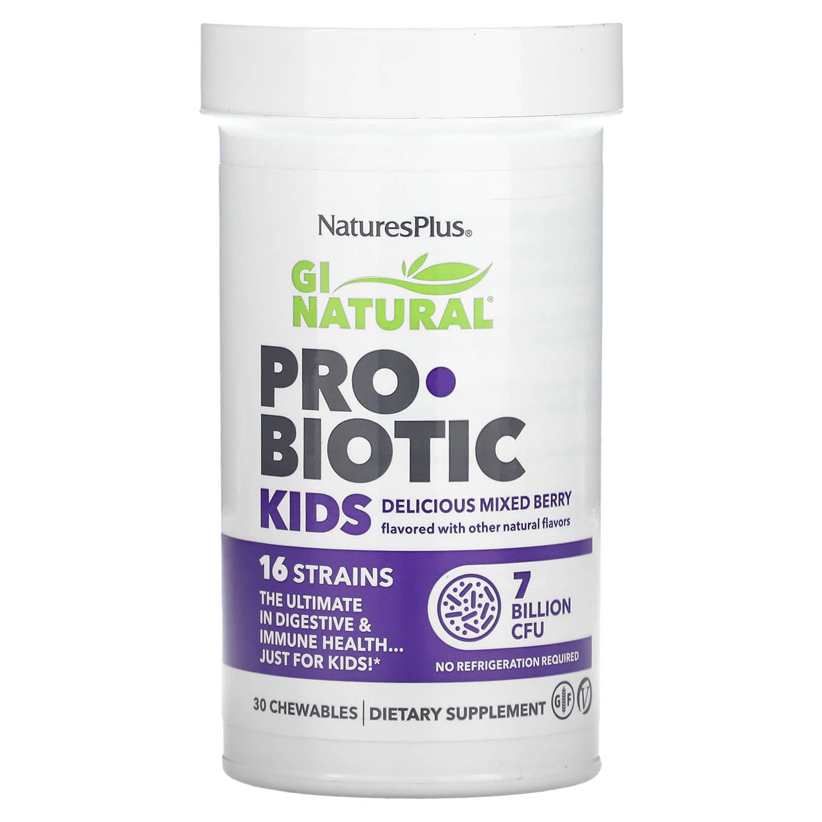 NaturesPlus-GI Natural Probiotic Kids-Delicious Mixed Berry -7 Billion CFU-30 Chewables