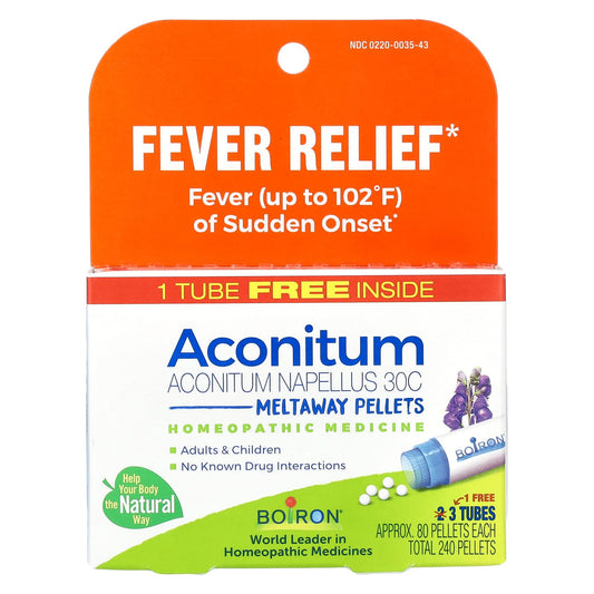 Boiron-Aconitum-Fever Relief-Meltaway Pellets-30C-3 Tubes-80 Pellets Each