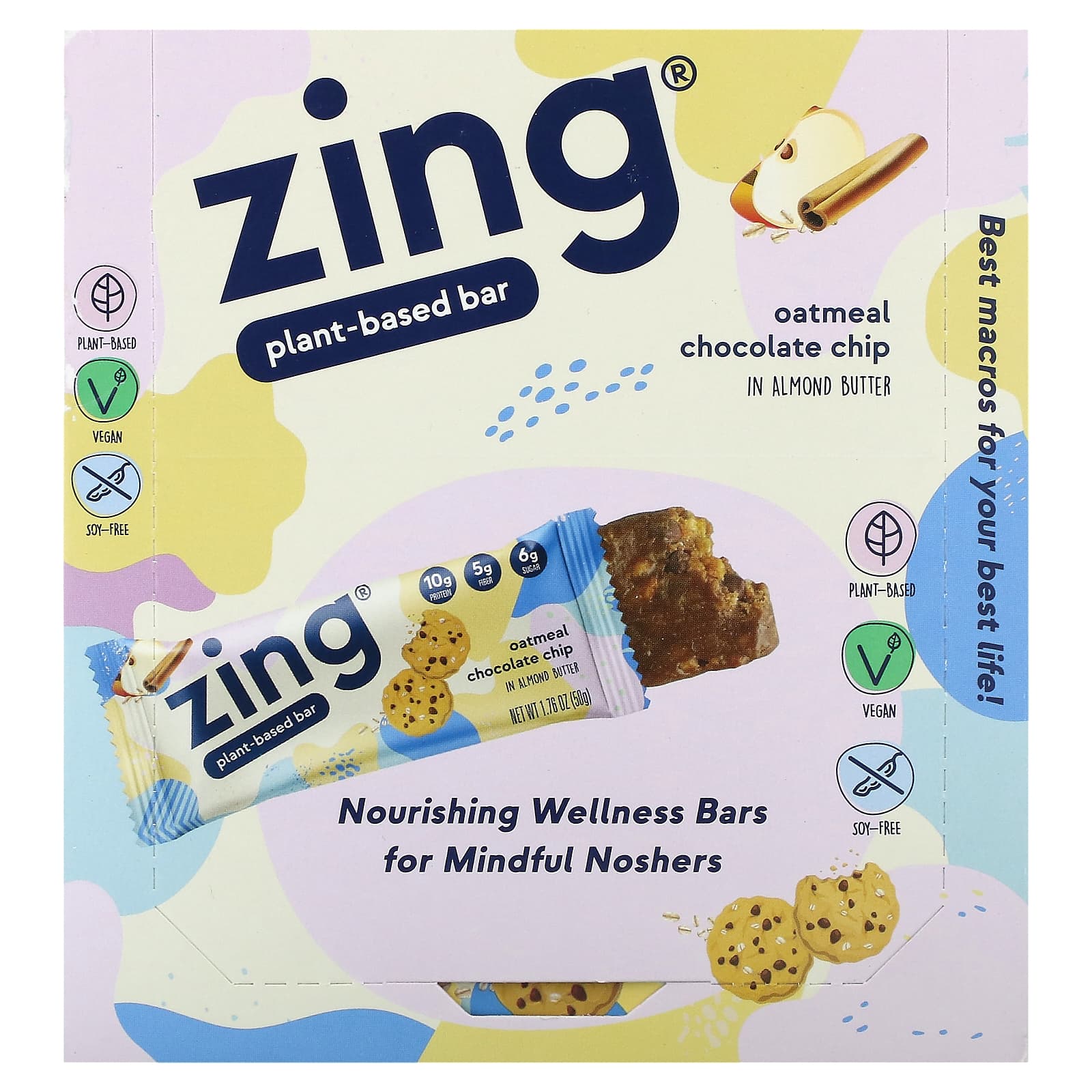 Zing Bars-Plant-Based Bar-Oatmeal Chocolate Chip In Almond Butter-12 Bars-1.76 oz (50 g) Each