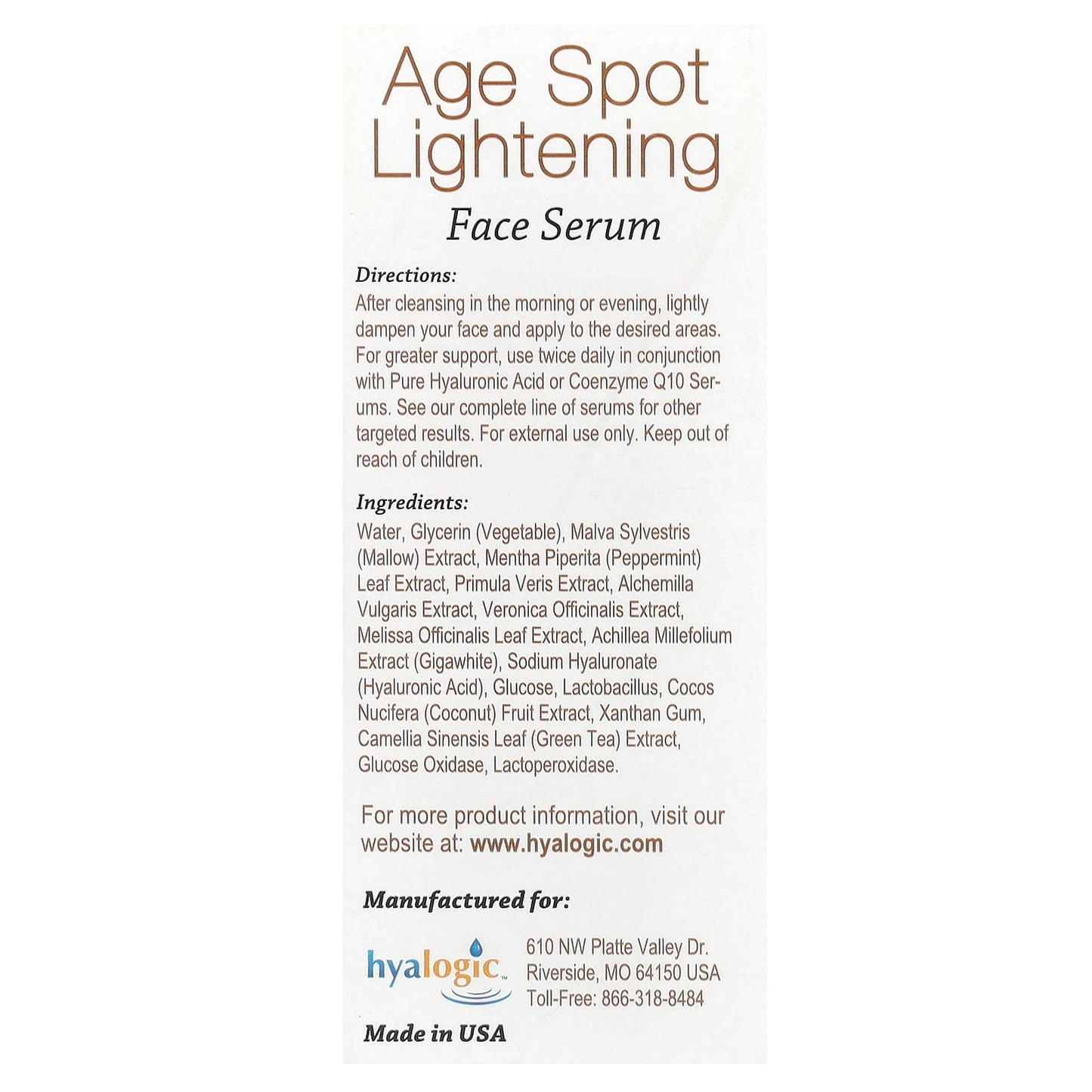 Hyalogic, Age Spot Lightening Face Serum with Hyaluronic Acid & Gigawhite, Fragrance Free, 1 fl oz (30 ml)