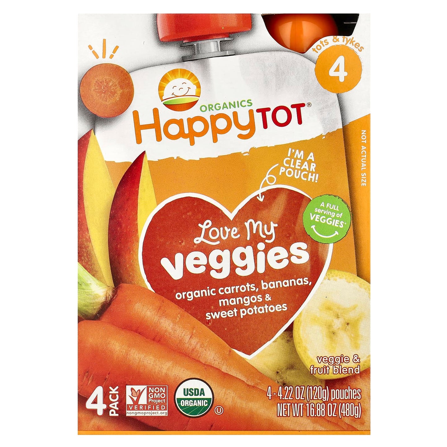 Happy Family Organics-Happy Tot-Love My Veggies-Stage 4-Organic Carrots-Bananas-Mangos & Sweet Potatos-4 Pouches-4.22 oz (120 g) Each