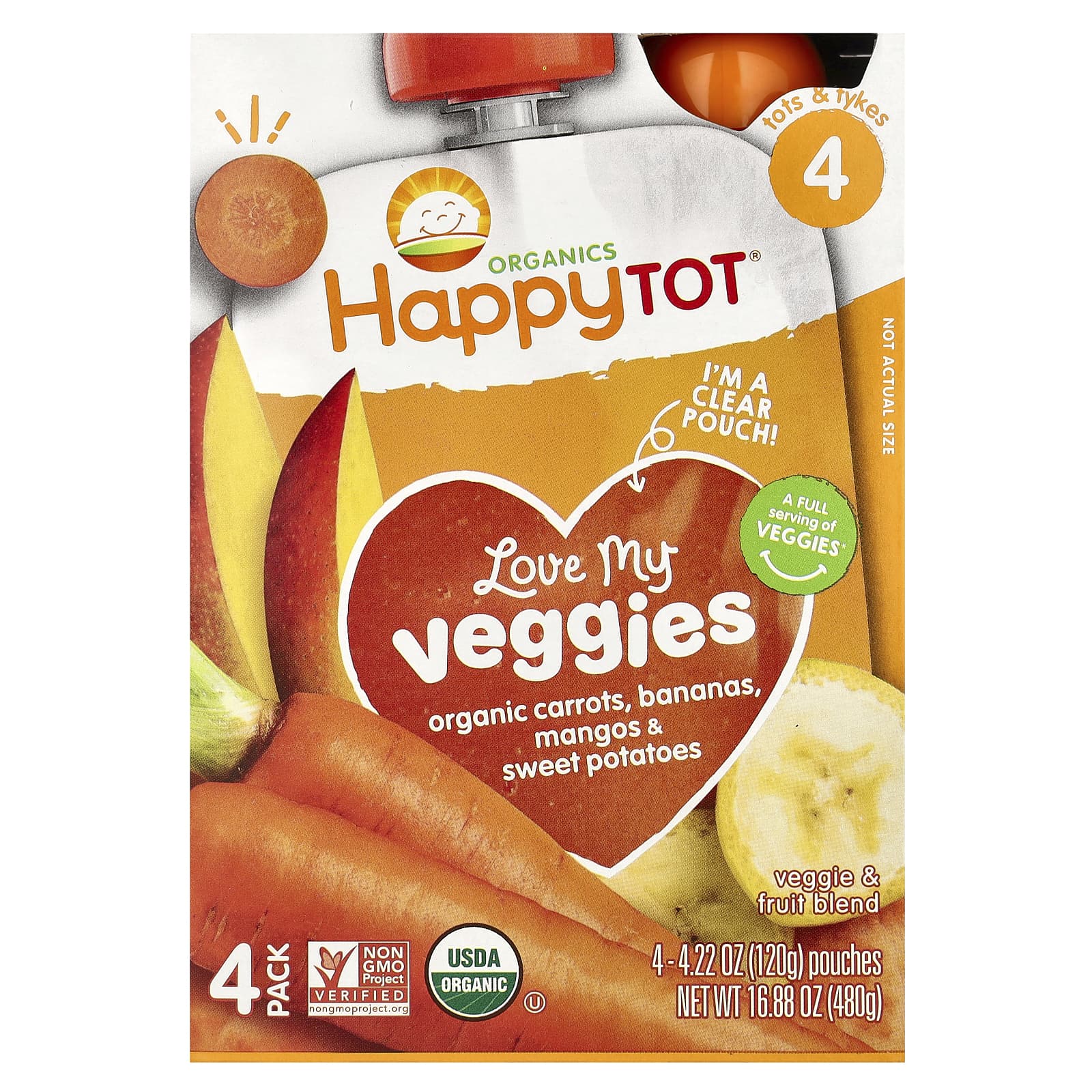 Happy Family Organics-Happy Tot-Love My Veggies-Stage 4-Organic Carrots-Bananas-Mangos & Sweet Potatos-4 Pouches-4.22 oz (120 g) Each