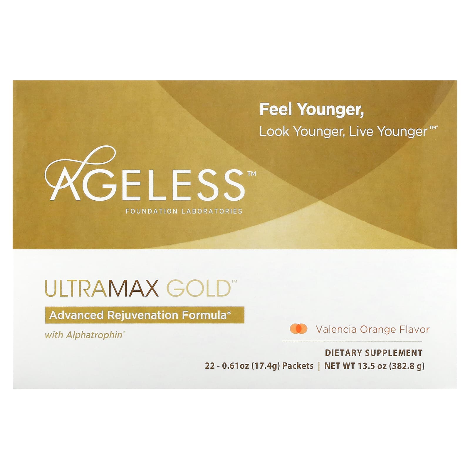 Ageless Foundation Laboratories-UltraMax Gold-Advanced Rejuvenation Formula with Alphatrophin-Valencia Orange-22 Packets-0.61 oz (17.4 g) Each