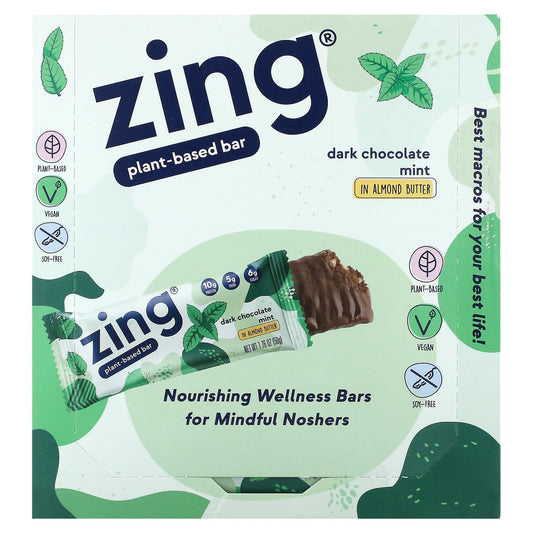 Zing Bars-Plant-Based Bar-Dark Chocolate Mint In Almond Butter-12 Bars-1.76 oz (50 g) Each