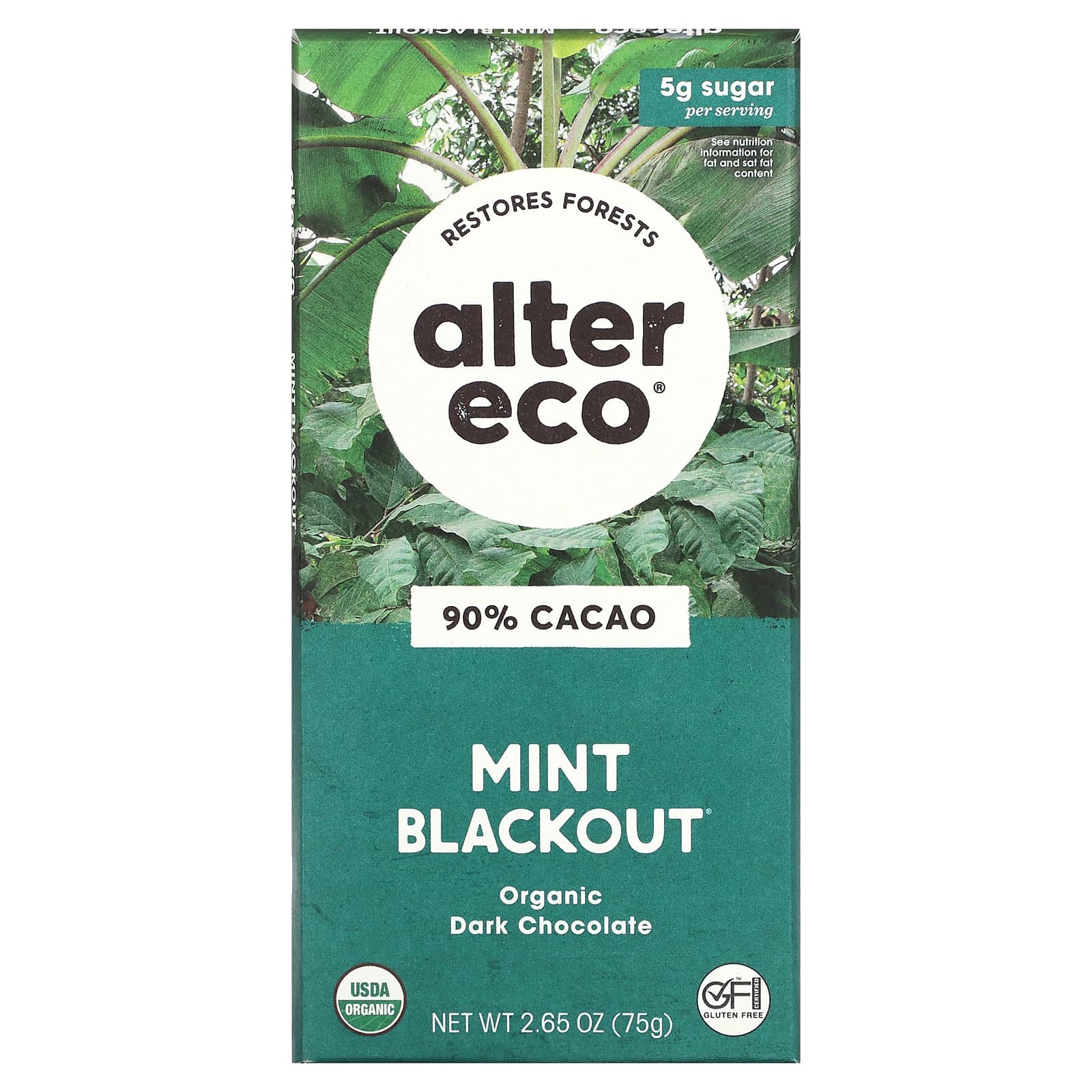 Alter Eco-Organic Dark Chocolate Bar-Mint Blackout-90% Cacao-2.65 oz (75 g)