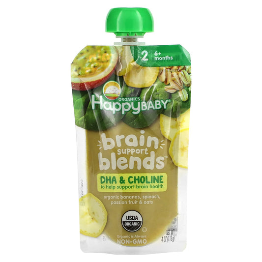 Happy Family Organics-Happy Baby-Brain Support Blends-6+ Months-Organic Bananas-Spinach-Passion Fruit & Oats-4 oz (113 g)