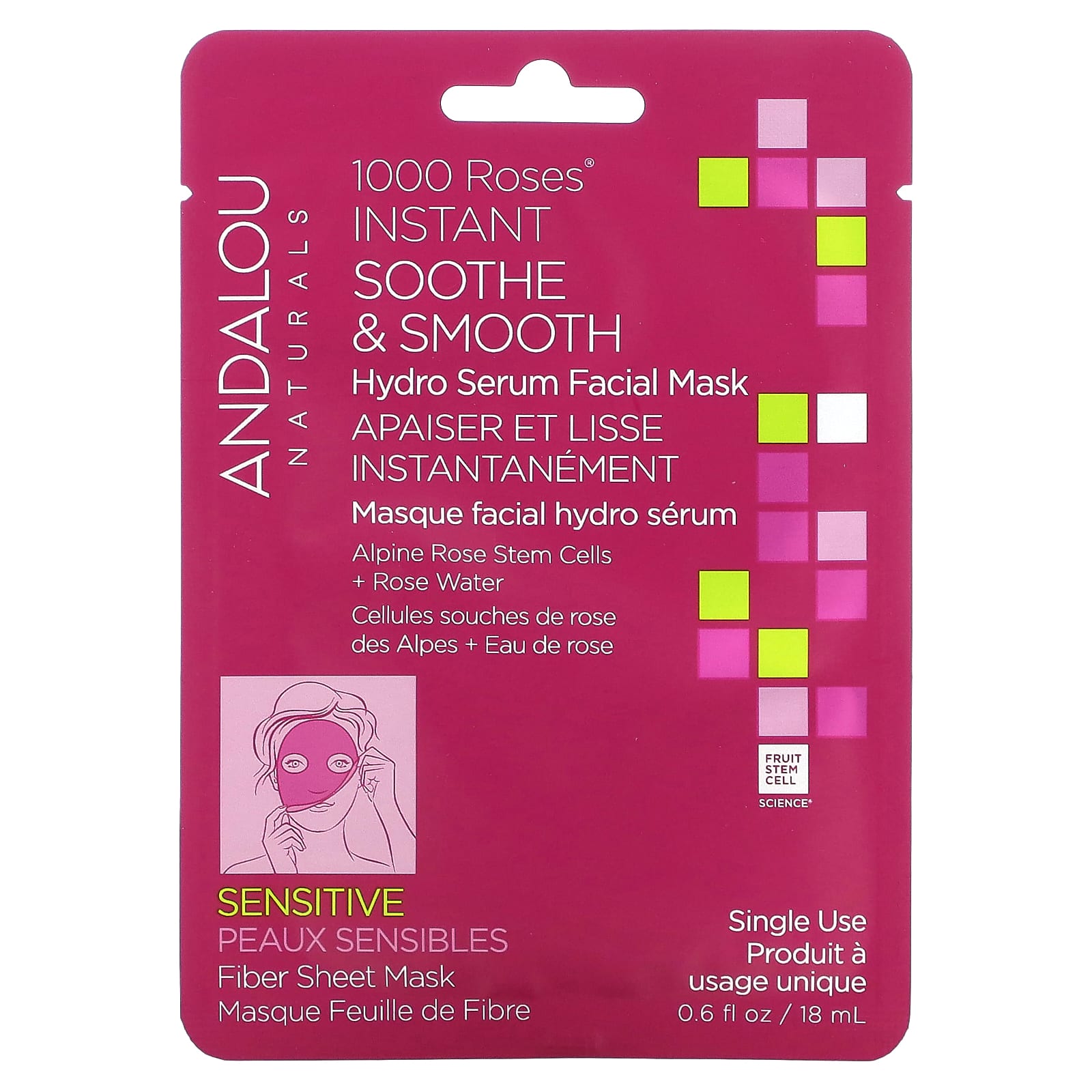 Andalou Naturals-Instant Soothe & Smooth-Hydro Serum Beauty Facial Mask-1,000 Roses-1 Fiber Sheet-0.6 fl oz (18 ml)