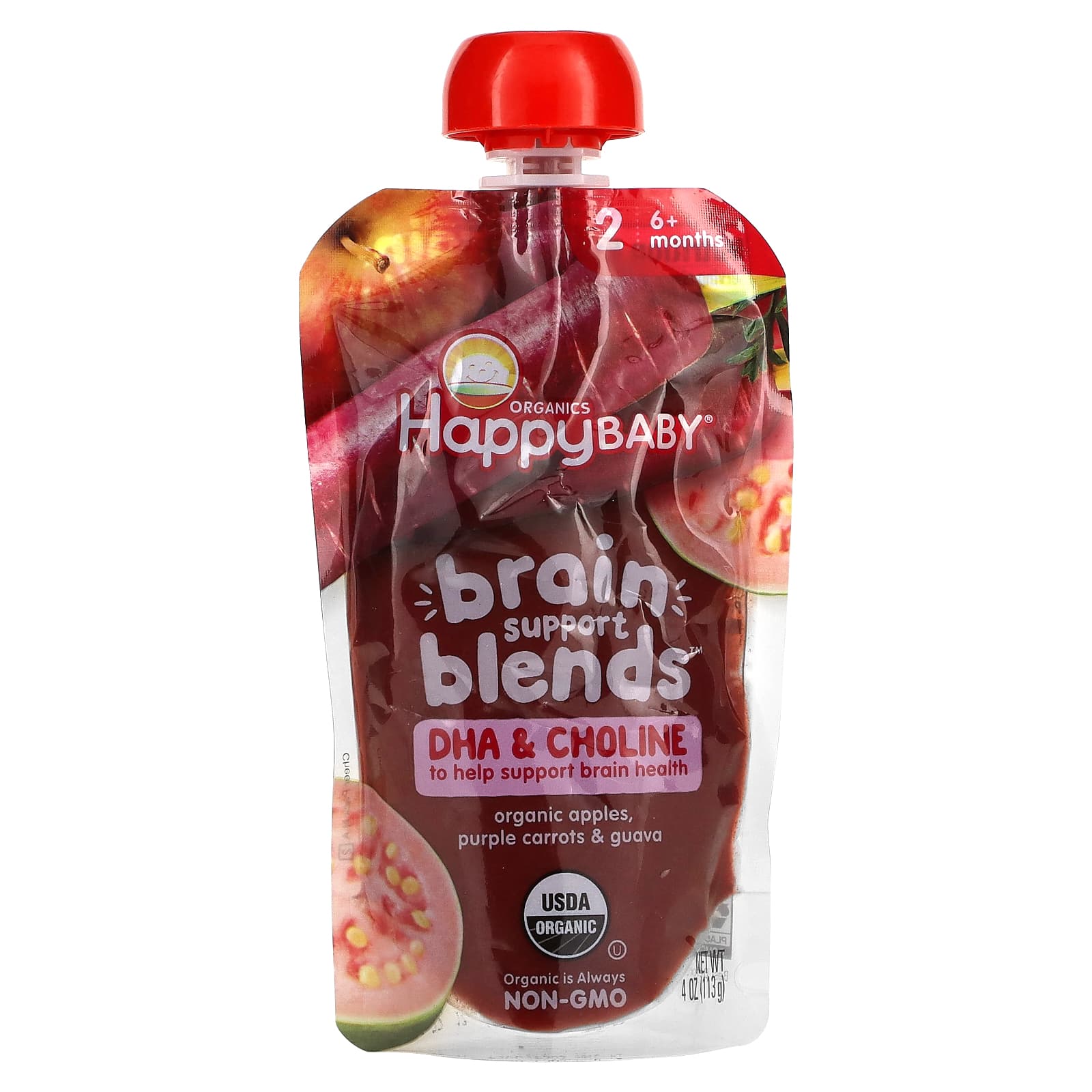 Happy Family Organics-Happy Baby-Brain Support Blends-6+ Months-Organic Apples-Purple Carrots & Guava-4 oz (113 g)